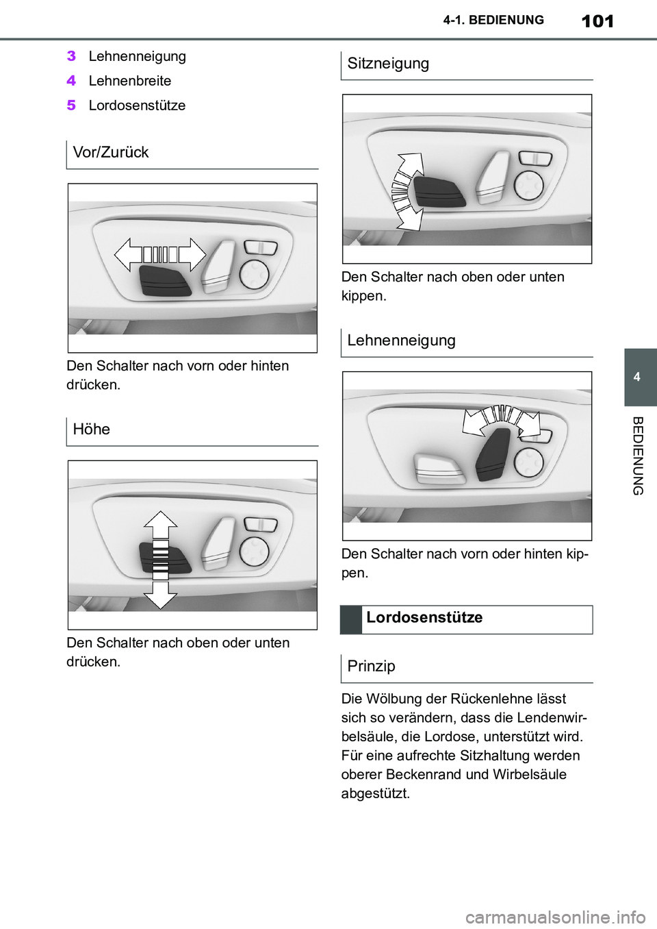 TOYOTA SUPRA 2020 Betriebsanleitungen (in German) 101
4
Supra Owners Manual_EM
4-1. BEDIENUNG
BEDIENUNG
3Lehnenneigung
4Lehnenbreite
5Lordosenstütze
Den Schalter nach vorn oder hinten
drücken.
Den Schalter nach oben oder unten
drücken.Den Schal TOYOTA SUPRA 2020 Betriebsanleitungen (in German) 101
4
Supra Owners Manual_EM
4-1. BEDIENUNG
BEDIENUNG
3Lehnenneigung
4Lehnenbreite
5Lordosenstütze
Den Schalter nach vorn oder hinten
drücken.
Den Schalter nach oben oder unten
drücken.Den Schal