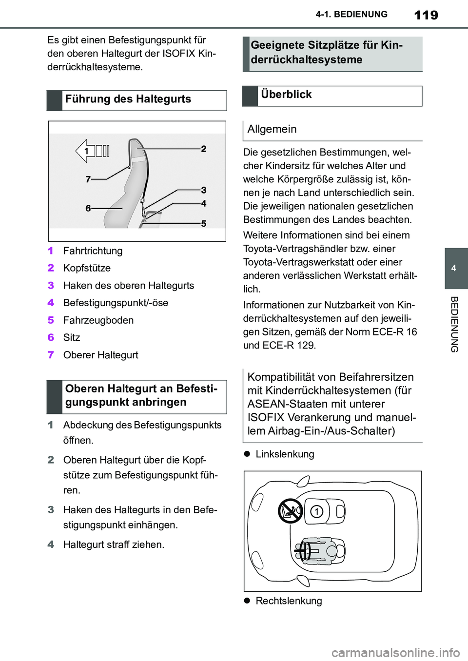 TOYOTA SUPRA 2020 Betriebsanleitungen (in German) 119
4
Supra Owners Manual_EM
4-1. BEDIENUNG
BEDIENUNG
Es gibt einen Befestigungspunkt für
den oberen Haltegurt der ISOFIX Kin-
derrückhaltesysteme.
1Fahrtrichtung
2Kopfstütze
3Haken des oberen Ha TOYOTA SUPRA 2020 Betriebsanleitungen (in German) 119
4
Supra Owners Manual_EM
4-1. BEDIENUNG
BEDIENUNG
Es gibt einen Befestigungspunkt für
den oberen Haltegurt der ISOFIX Kin-
derrückhaltesysteme.
1Fahrtrichtung
2Kopfstütze
3Haken des oberen Ha