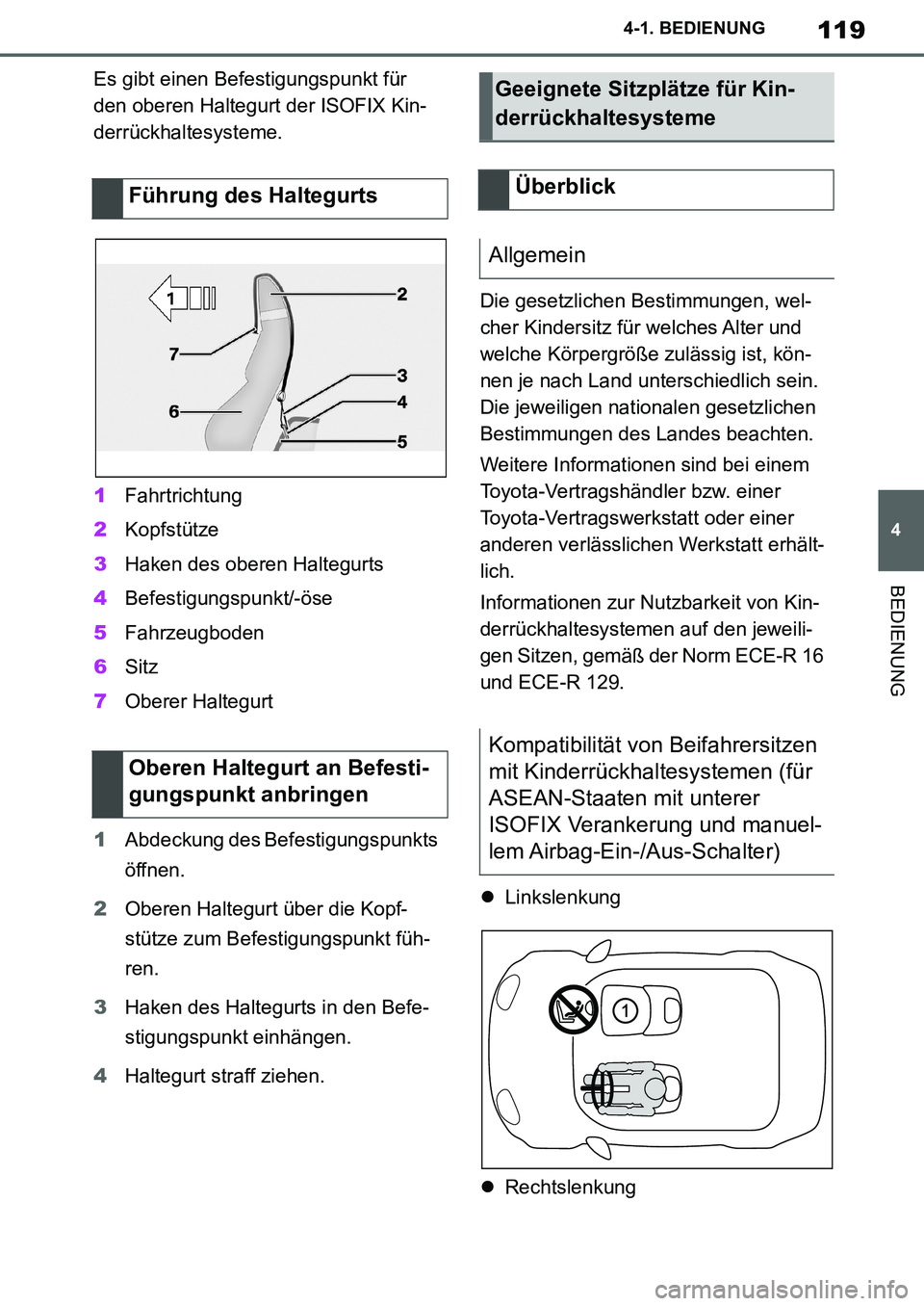 TOYOTA SUPRA 2020  Betriebsanleitungen (in German) 119
4
Supra Owners Manual_EM
4-1. BEDIENUNG
BEDIENUNG
Es gibt einen Befestigungspunkt für 
den oberen Haltegurt der ISOFIX Kin-
derrückhaltesysteme.
1Fahrtrichtung
2Kopfstütze
3Haken des oberen Ha