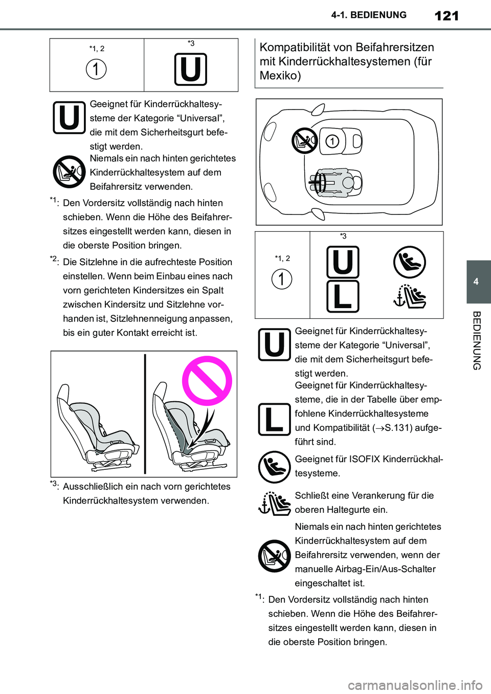 TOYOTA SUPRA 2020  Betriebsanleitungen (in German) 121
4
Supra Owners Manual_EM
4-1. BEDIENUNG
BEDIENUNG
*1: Den Vordersitz vollständig nach hinten 
schieben. Wenn die Höhe des Beifahrer-
sitzes eingestellt werden kann, diesen in 
die oberste Posit
