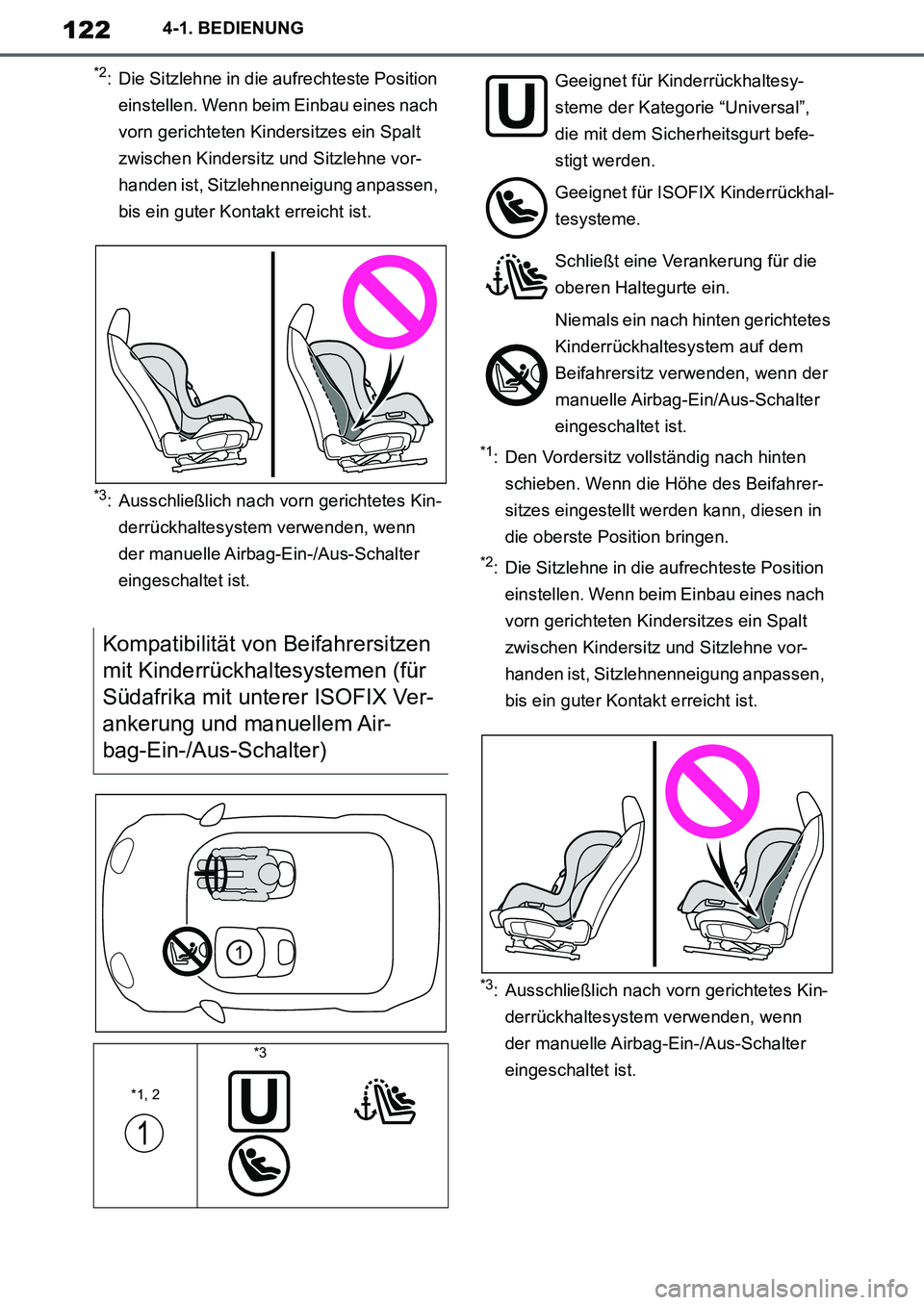 TOYOTA SUPRA 2020  Betriebsanleitungen (in German) 122
Supra Owners Manual_EM
4-1. BEDIENUNG
*2: Die Sitzlehne in die aufrechteste Position 
einstellen. Wenn beim Einbau eines nach 
vorn gerichteten Kindersitzes ein Spalt 
zwischen Kindersitz und Sit