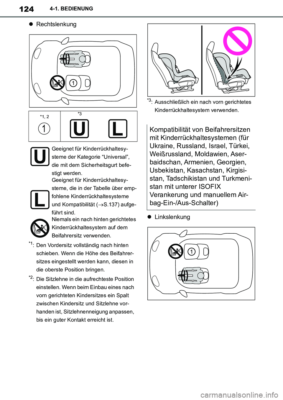 TOYOTA SUPRA 2020  Betriebsanleitungen (in German) 124
Supra Owners Manual_EM
4-1. BEDIENUNG
Rechtslenkung
*1: Den Vordersitz vollständig nach hinten 
schieben. Wenn die Höhe des Beifahrer-
sitzes eingestellt werden kann, diesen in 
die oberste 