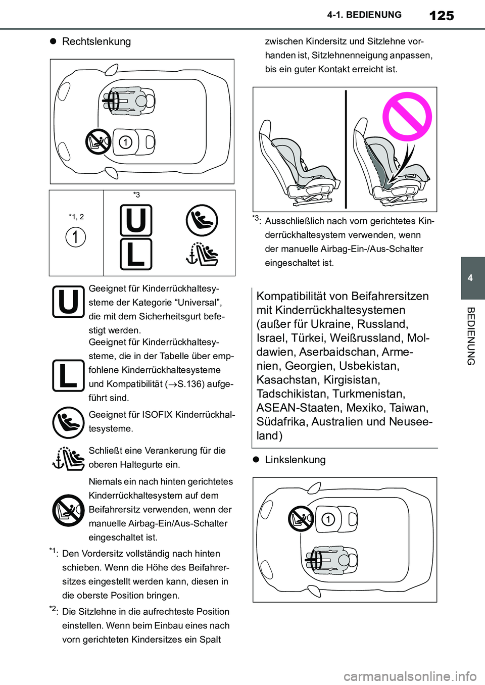 TOYOTA SUPRA 2020  Betriebsanleitungen (in German) 125
4
Supra Owners Manual_EM
4-1. BEDIENUNG
BEDIENUNG
Rechtslenkung
*1: Den Vordersitz vollständig nach hinten 
schieben. Wenn die Höhe des Beifahrer-
sitzes eingestellt werden kann, diesen in 
