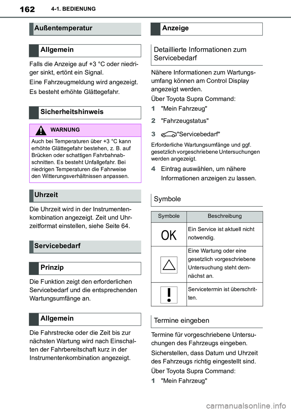 TOYOTA SUPRA 2020  Betriebsanleitungen (in German) 162
Supra Owners Manual_EM
4-1. BEDIENUNG
Falls die Anzeige auf +3 °C oder niedri-
ger sinkt, ertönt ein Signal.
Eine Fahrzeugmeldung wird angezeigt.
Es besteht erhöhte Glättegefahr.
Die Uhrzeit 