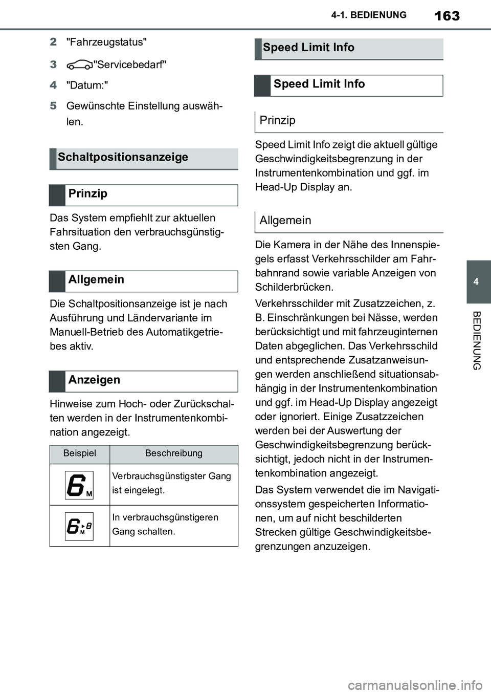 TOYOTA SUPRA 2020  Betriebsanleitungen (in German) 163
4
Supra Owners Manual_EM
4-1. BEDIENUNG
BEDIENUNG
2"Fahrzeugstatus"
3"Servicebedarf"
4"Datum:"
5Gewünschte Einstellung auswäh-
len.
Das System empfiehlt zur aktuellen 
Fahrsituation den verbrau