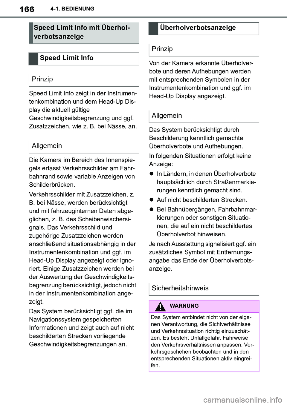 TOYOTA SUPRA 2020  Betriebsanleitungen (in German) 166
Supra Owners Manual_EM
4-1. BEDIENUNG
Speed Limit Info zeigt in der Instrumen-
tenkombination und dem Head-Up Dis-
play die aktuell gültige 
Geschwindigkeitsbegrenzung und ggf. 
Zusatzzeichen, w