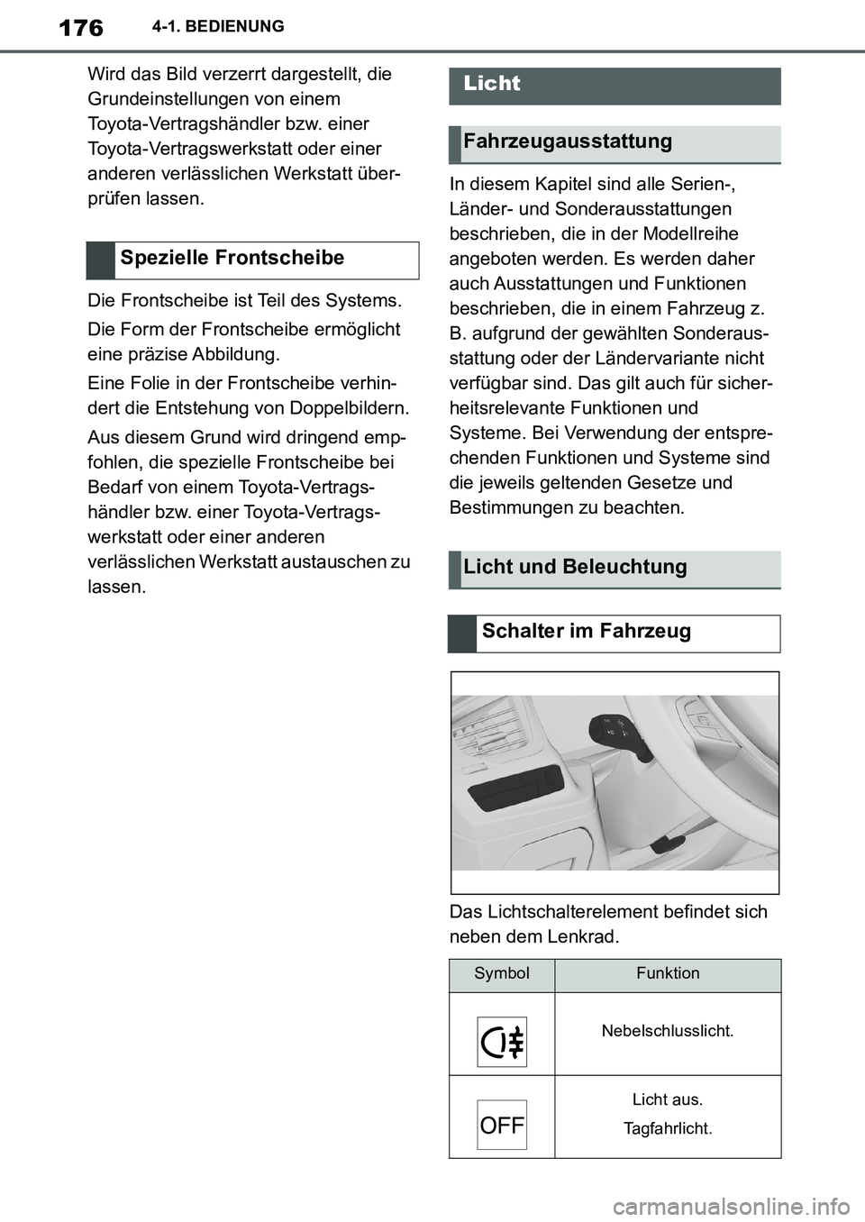 TOYOTA SUPRA 2020 Betriebsanleitungen (in German) 176
Supra Owners Manual_EM
4-1. BEDIENUNG
Wird das Bild verzerrt dargestellt, die
Grundeinstellungen von einem
Toyota-Vertragshändler bzw. einer
Toyota-Vertragswerkstatt oder einer
anderen verl TOYOTA SUPRA 2020 Betriebsanleitungen (in German) 176
Supra Owners Manual_EM
4-1. BEDIENUNG
Wird das Bild verzerrt dargestellt, die
Grundeinstellungen von einem
Toyota-Vertragshändler bzw. einer
Toyota-Vertragswerkstatt oder einer
anderen verl