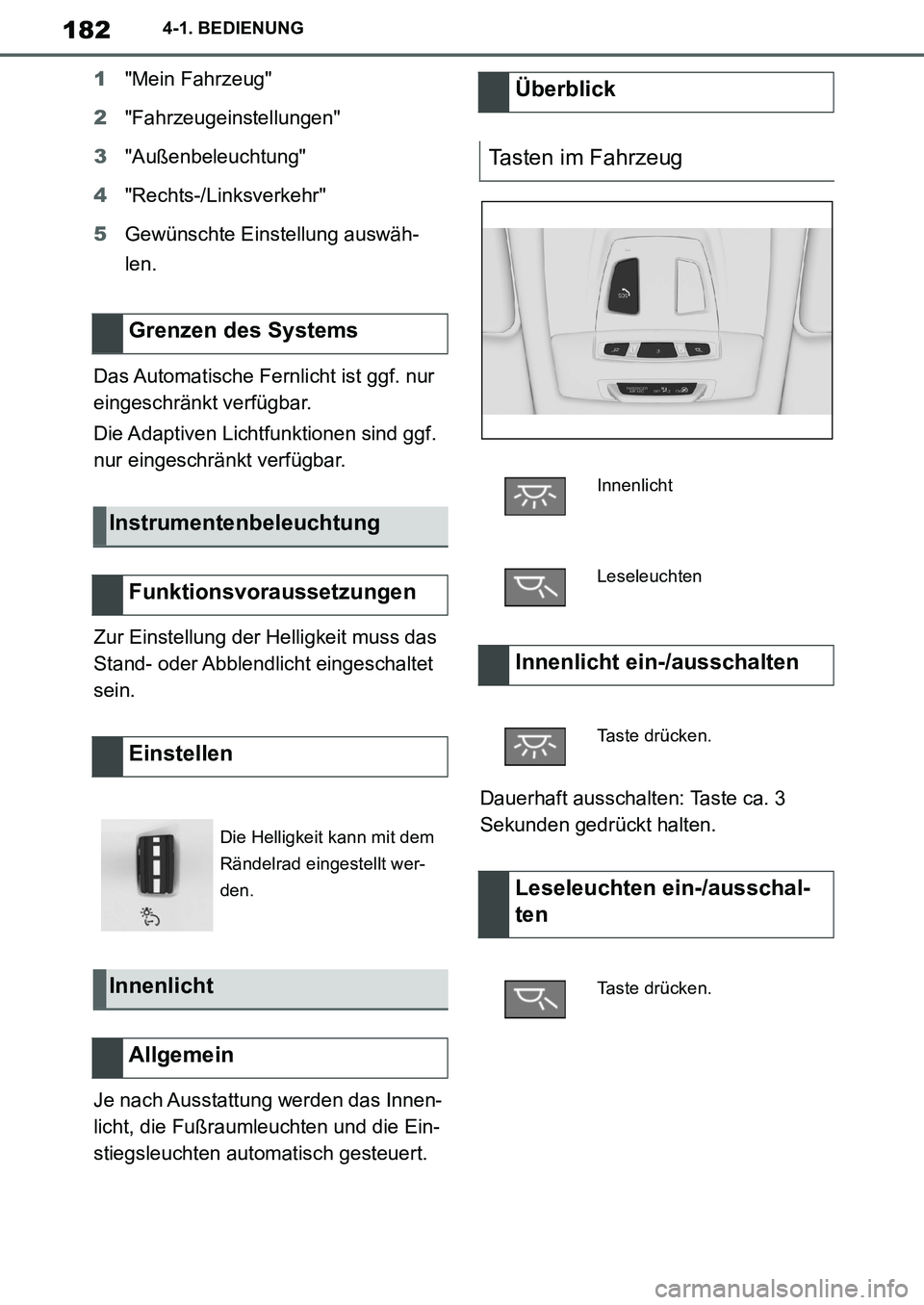 TOYOTA SUPRA 2020  Betriebsanleitungen (in German) 182
Supra Owners Manual_EM
4-1. BEDIENUNG
1"Mein Fahrzeug"
2"Fahrzeugeinstellungen"
3"Außenbeleuchtung"
4"Rechts-/Linksverkehr"
5Gewünschte Einstellung auswäh-
len.
Das Automatische Fernlicht ist 