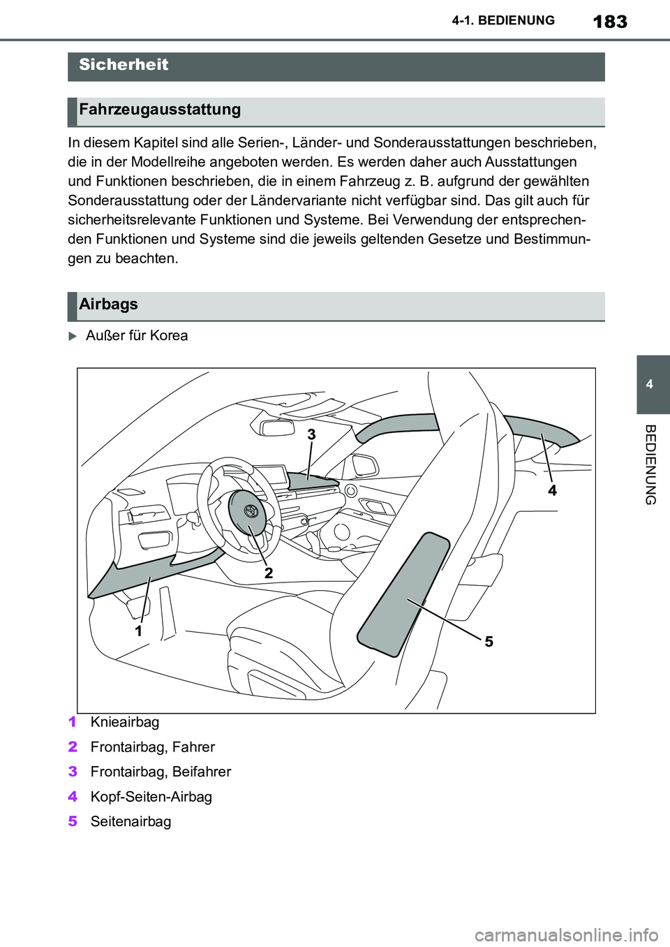 TOYOTA SUPRA 2020  Betriebsanleitungen (in German) 183
4
Supra Owners Manual_EM
4-1. BEDIENUNG
BEDIENUNG
In diesem Kapitel sind alle Serien-, Länder- und Sonderausstattungen beschrieben, 
die in der Modellreihe angeboten werden. Es werden daher auch