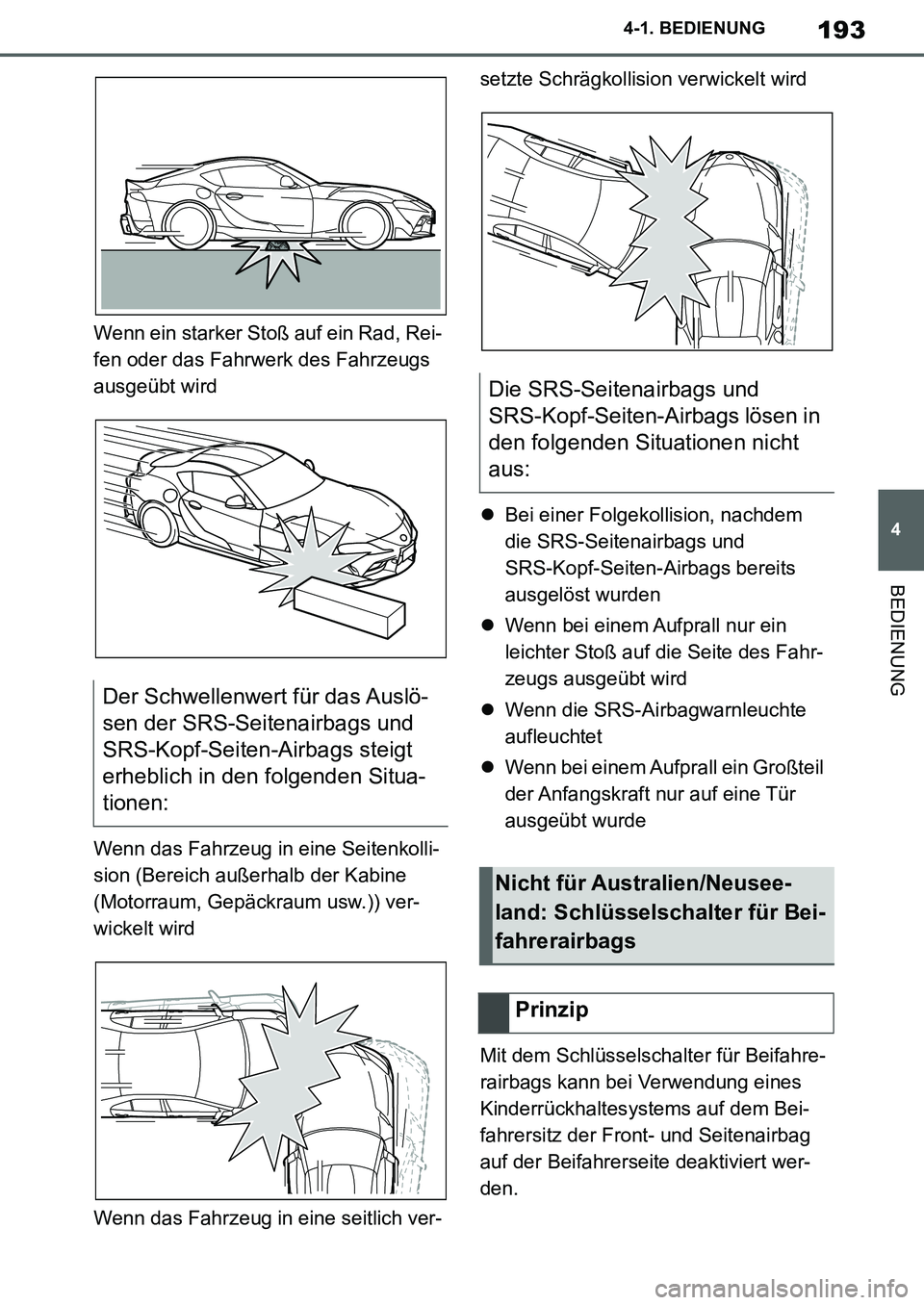 TOYOTA SUPRA 2020 Betriebsanleitungen (in German) 193
4
Supra Owners Manual_EM
4-1. BEDIENUNG
BEDIENUNG
Wenn ein starker Stoß auf ein Rad, Rei-
fen oder das Fahrwerk des Fahrzeugs
ausgeübt wird
Wenn das Fahrzeug in eine Seitenkolli-
sion (Bereich TOYOTA SUPRA 2020 Betriebsanleitungen (in German) 193
4
Supra Owners Manual_EM
4-1. BEDIENUNG
BEDIENUNG
Wenn ein starker Stoß auf ein Rad, Rei-
fen oder das Fahrwerk des Fahrzeugs
ausgeübt wird
Wenn das Fahrzeug in eine Seitenkolli-
sion (Bereich