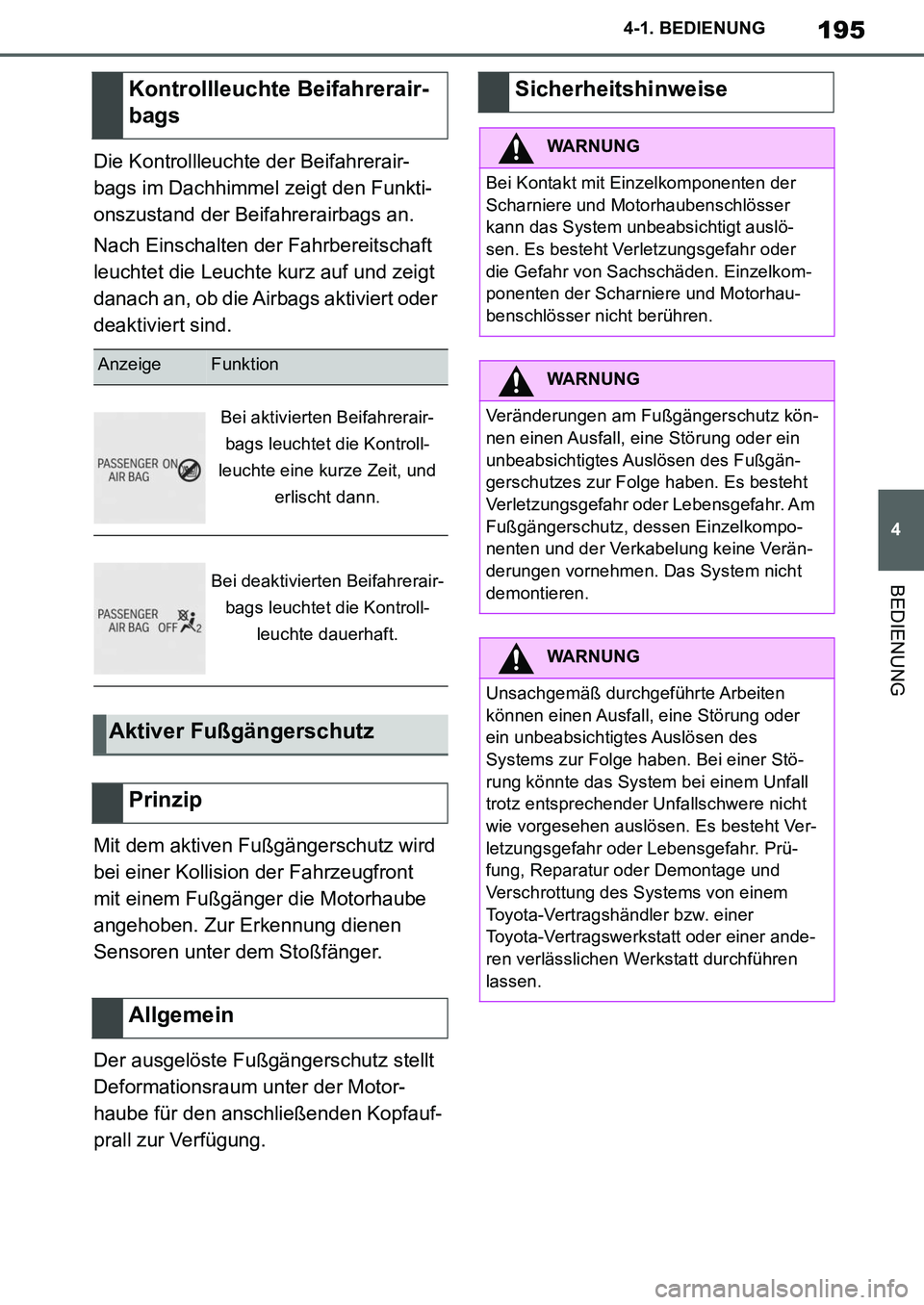 TOYOTA SUPRA 2020 Betriebsanleitungen (in German) 195
4
Supra Owners Manual_EM
4-1. BEDIENUNG
BEDIENUNG
Die Kontrollleuchte der Beifahrerair-
bags im Dachhimmel zeigt den Funkti-
onszustand der Beifahrerairbags an.
Nach Einschalten der Fahrbereitsch TOYOTA SUPRA 2020 Betriebsanleitungen (in German) 195
4
Supra Owners Manual_EM
4-1. BEDIENUNG
BEDIENUNG
Die Kontrollleuchte der Beifahrerair-
bags im Dachhimmel zeigt den Funkti-
onszustand der Beifahrerairbags an.
Nach Einschalten der Fahrbereitsch
