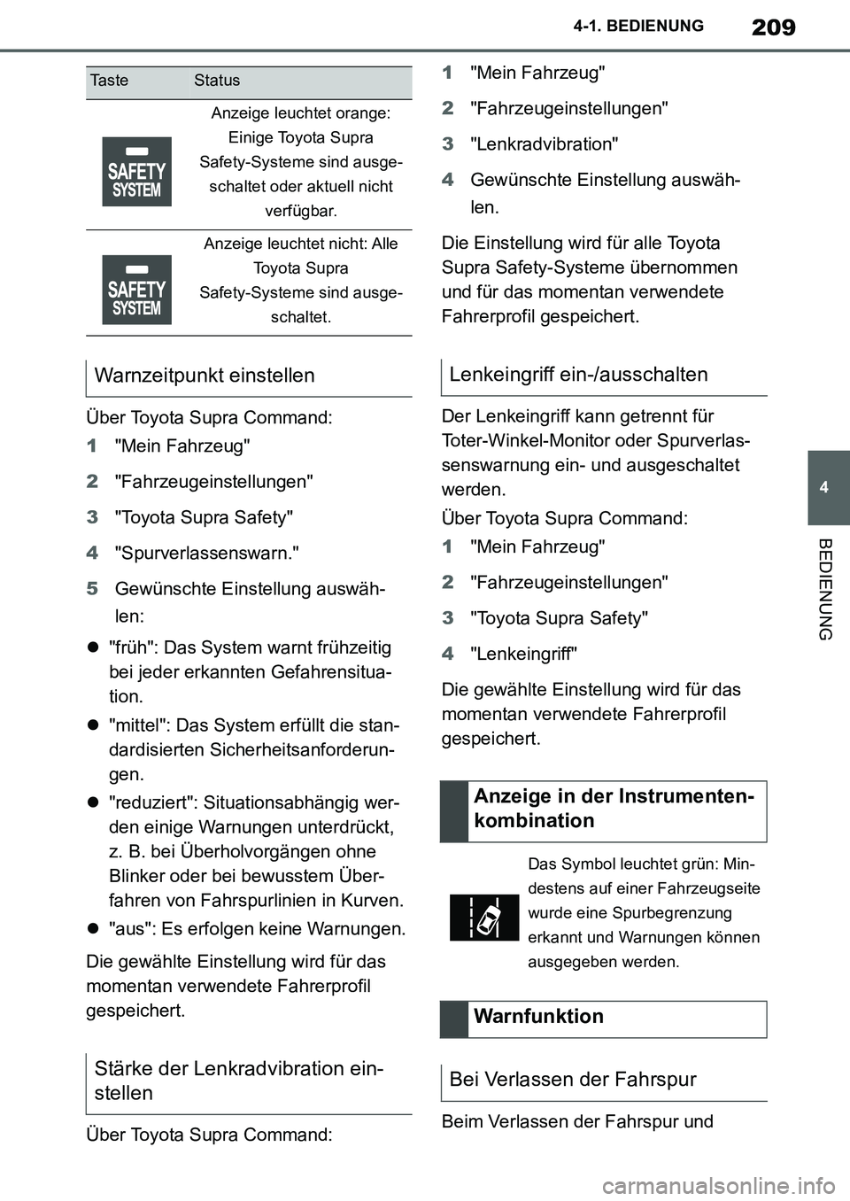 TOYOTA SUPRA 2020 Betriebsanleitungen (in German) 209
4
Supra Owners Manual_EM
4-1. BEDIENUNG
BEDIENUNG
Über Toyota Supra Command:
1"Mein Fahrzeug"
2"Fahrzeugeinstellungen"
3"Toyota Supra Safety"
4"Spurverlassenswarn."
5Gewünschte Einstellung ausw TOYOTA SUPRA 2020 Betriebsanleitungen (in German) 209
4
Supra Owners Manual_EM
4-1. BEDIENUNG
BEDIENUNG
Über Toyota Supra Command:
1"Mein Fahrzeug"
2"Fahrzeugeinstellungen"
3"Toyota Supra Safety"
4"Spurverlassenswarn."
5Gewünschte Einstellung ausw