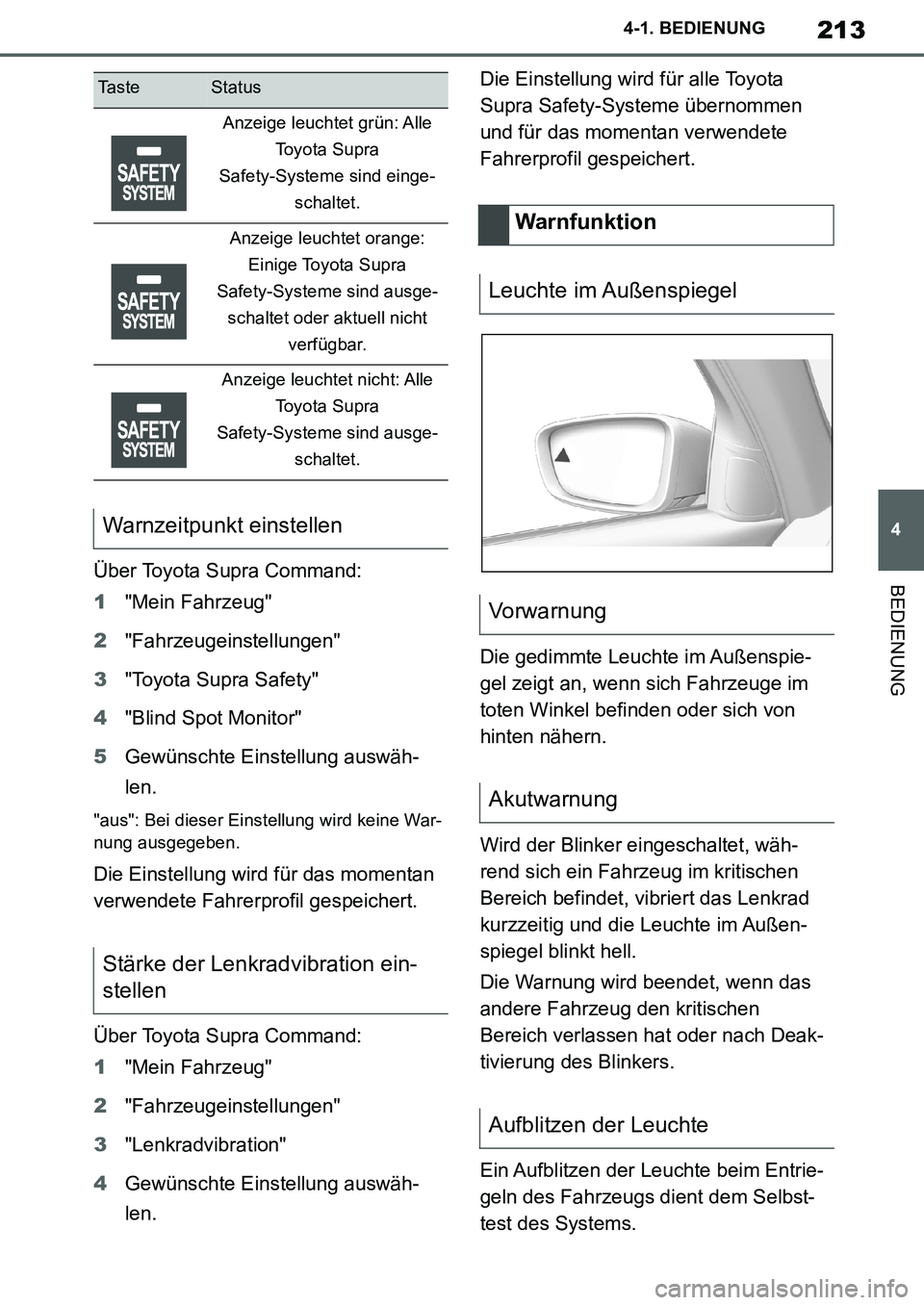 TOYOTA SUPRA 2020 Betriebsanleitungen (in German) 213
4
Supra Owners Manual_EM
4-1. BEDIENUNG
BEDIENUNGÜber Toyota Supra Command:
1"Mein Fahrzeug"
2"Fahrzeugeinstellungen"
3"Toyota Supra Safety"
4"Blind Spot Monitor"
5Gewünschte Einstellung auswä TOYOTA SUPRA 2020 Betriebsanleitungen (in German) 213
4
Supra Owners Manual_EM
4-1. BEDIENUNG
BEDIENUNGÜber Toyota Supra Command:
1"Mein Fahrzeug"
2"Fahrzeugeinstellungen"
3"Toyota Supra Safety"
4"Blind Spot Monitor"
5Gewünschte Einstellung auswä