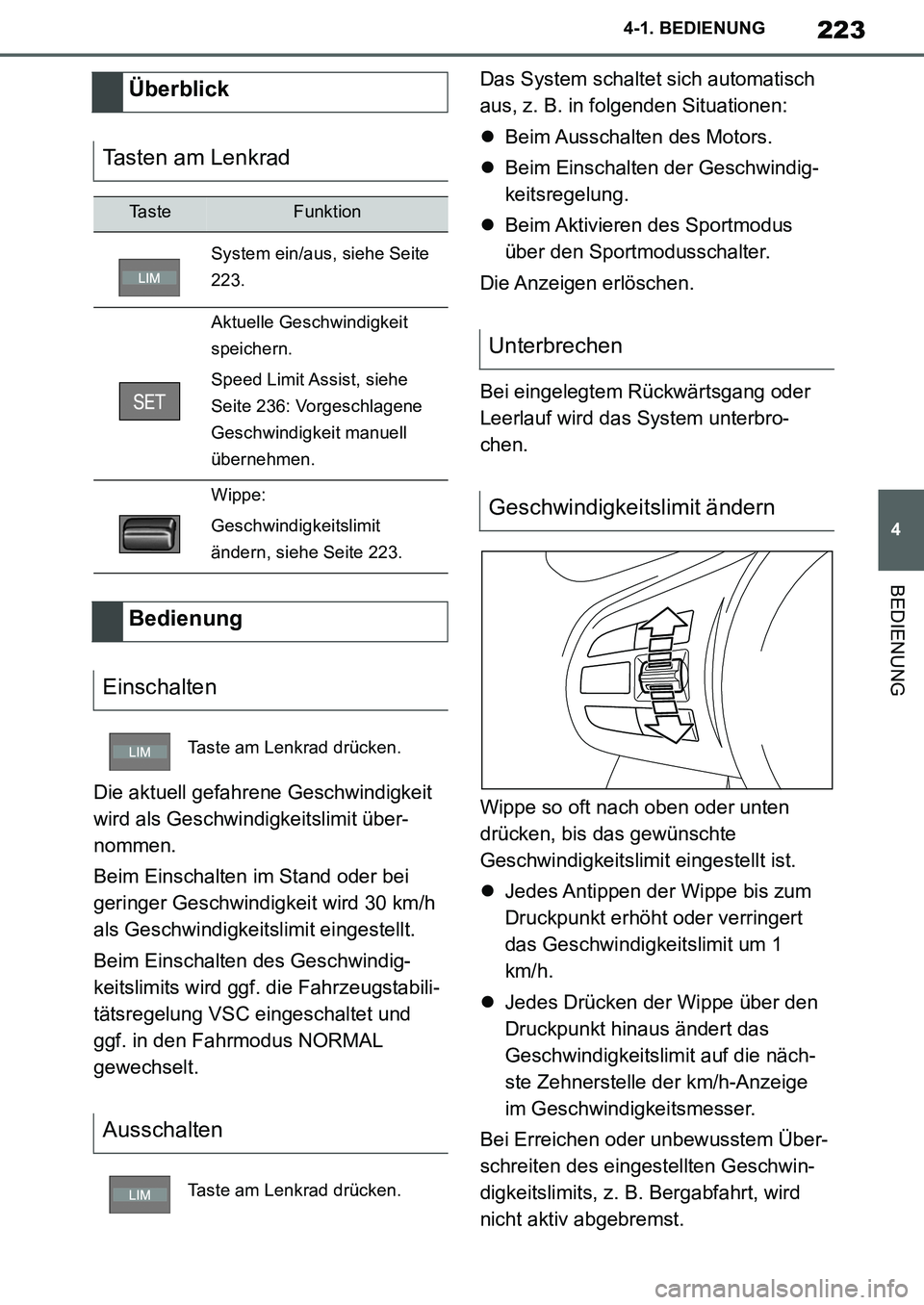 TOYOTA SUPRA 2020 Betriebsanleitungen (in German) 223
4
Supra Owners Manual_EM
4-1. BEDIENUNG
BEDIENUNG
Die aktuell gefahrene Geschwindigkeit
wird als Geschwindigkeitslimit über-
nommen.
Beim Einschalten im Stand oder bei
geringer Geschwindigkeit TOYOTA SUPRA 2020 Betriebsanleitungen (in German) 223
4
Supra Owners Manual_EM
4-1. BEDIENUNG
BEDIENUNG
Die aktuell gefahrene Geschwindigkeit
wird als Geschwindigkeitslimit über-
nommen.
Beim Einschalten im Stand oder bei
geringer Geschwindigkeit