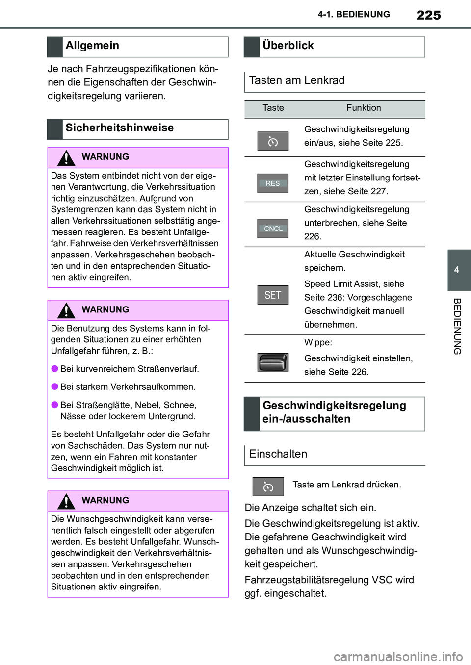 TOYOTA SUPRA 2020 Betriebsanleitungen (in German) 225
4
Supra Owners Manual_EM
4-1. BEDIENUNG
BEDIENUNG
Je nach Fahrzeugspezifikationen kön-
nen die Eigenschaften der Geschwin-
digkeitsregelung variieren.
Die Anzeige schaltet sich ein.
Die Geschwin TOYOTA SUPRA 2020 Betriebsanleitungen (in German) 225
4
Supra Owners Manual_EM
4-1. BEDIENUNG
BEDIENUNG
Je nach Fahrzeugspezifikationen kön-
nen die Eigenschaften der Geschwin-
digkeitsregelung variieren.
Die Anzeige schaltet sich ein.
Die Geschwin