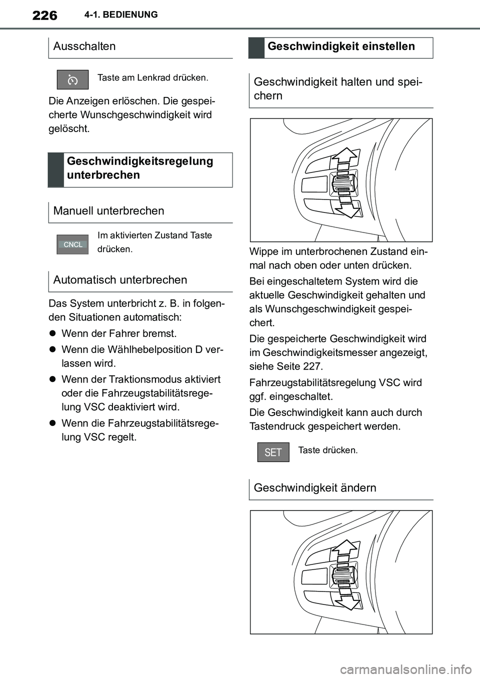 TOYOTA SUPRA 2020 Betriebsanleitungen (in German) 226
Supra Owners Manual_EM
4-1. BEDIENUNG
Die Anzeigen erlöschen. Die gespei-
cherte Wunschgeschwindigkeit wird
gelöscht.
Das System unterbricht z. B. in folgen-
den Situationen automatisch:
We TOYOTA SUPRA 2020 Betriebsanleitungen (in German) 226
Supra Owners Manual_EM
4-1. BEDIENUNG
Die Anzeigen erlöschen. Die gespei-
cherte Wunschgeschwindigkeit wird
gelöscht.
Das System unterbricht z. B. in folgen-
den Situationen automatisch:
We
