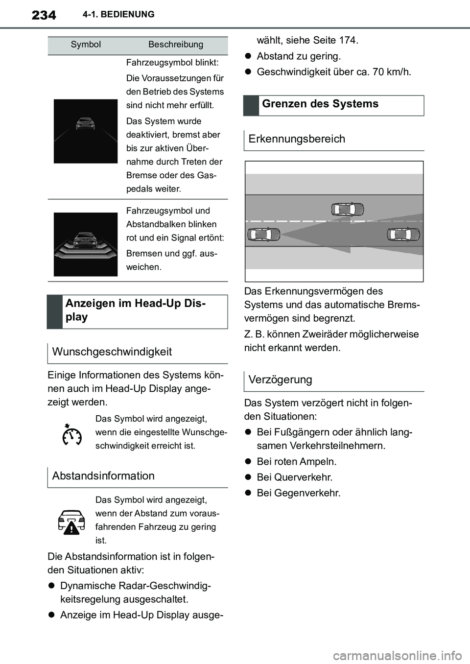 TOYOTA SUPRA 2020  Betriebsanleitungen (in German) 234
Supra Owners Manual_EM
4-1. BEDIENUNG
Einige Informationen des Systems kön-
nen auch im Head-Up Display ange-
zeigt werden.
Die Abstandsinformation ist in folgen-
den Situationen aktiv:
Dynam