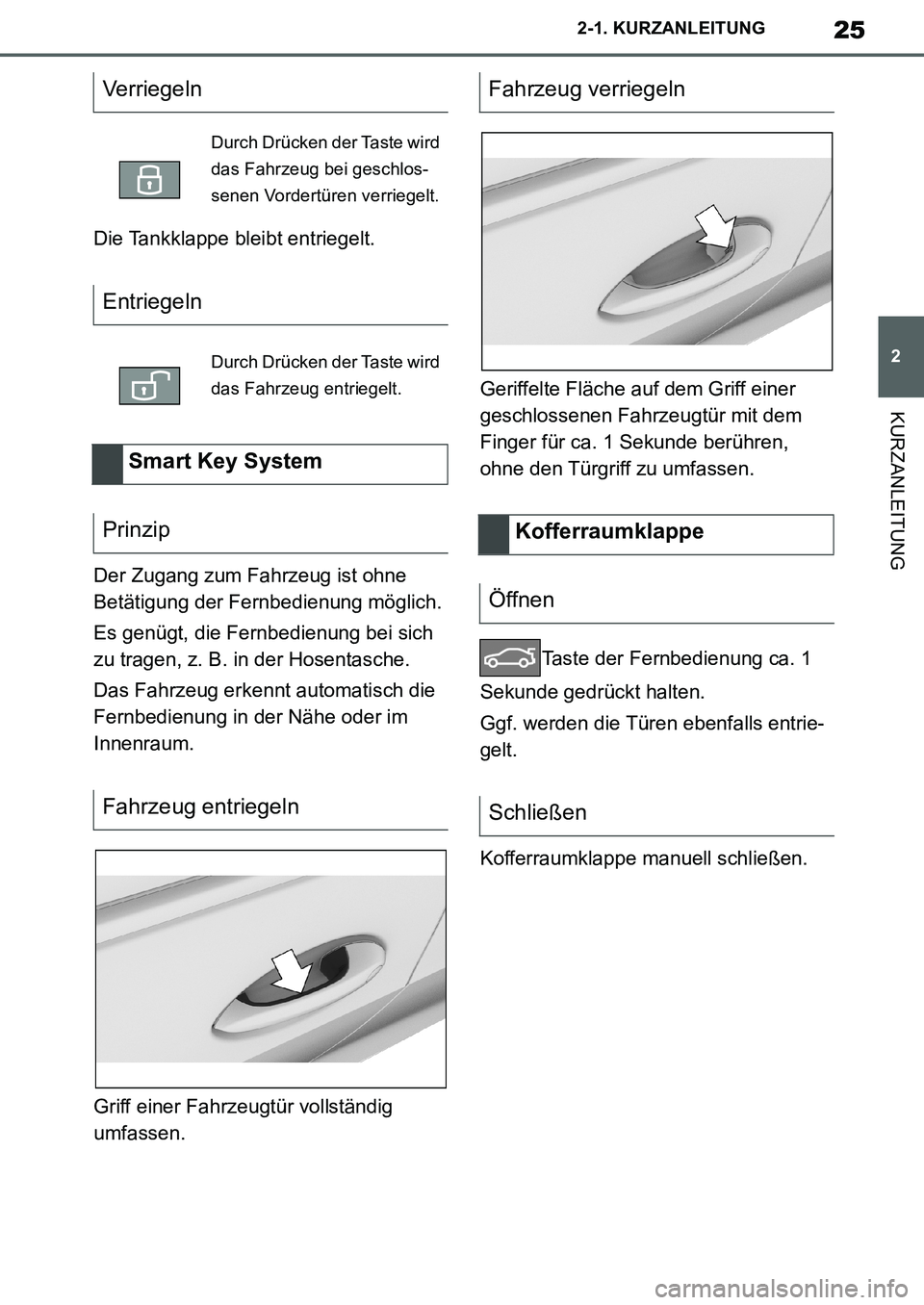 TOYOTA SUPRA 2020  Betriebsanleitungen (in German) 25
2
Supra Owners Manual_EM
2-1. KURZANLEITUNG
KURZANLEITUNG
Die Tankklappe bleibt entriegelt.
Der Zugang zum Fahrzeug ist ohne 
Betätigung der Fernbedienung möglich.
Es genügt, die Fernbedienung 