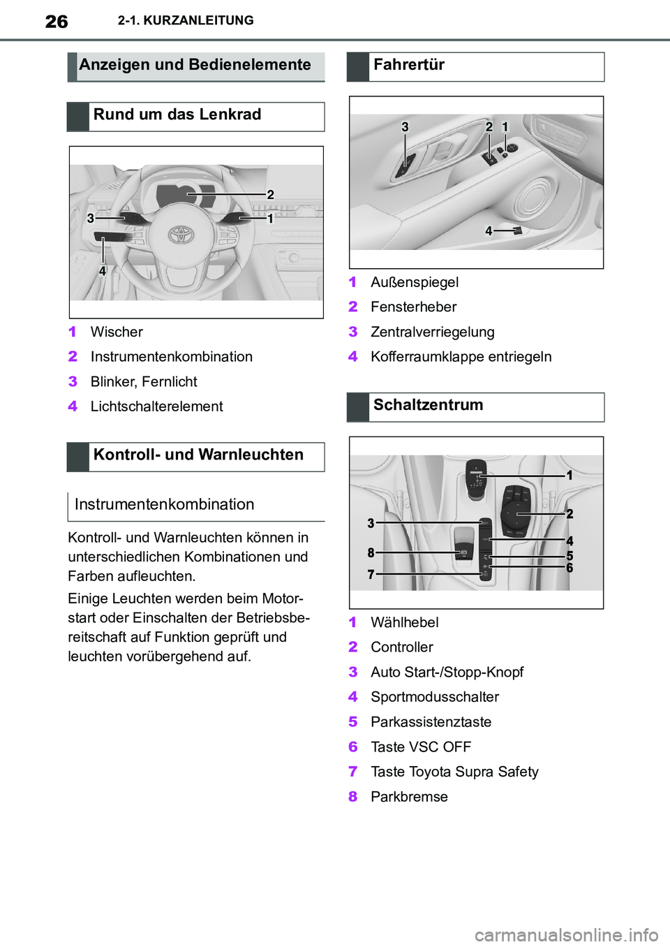 TOYOTA SUPRA 2020  Betriebsanleitungen (in German) 26
Supra Owners Manual_EM
2-1. KURZANLEITUNG
1Wischer
2Instrumentenkombination
3Blinker, Fernlicht
4Lichtschalterelement
Kontroll- und Warnleuchten können in 
unterschiedlichen Kombinationen und 
Fa