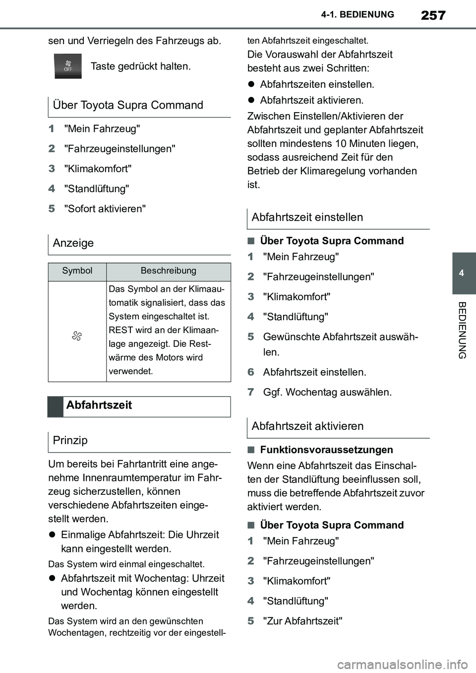 TOYOTA SUPRA 2020 Betriebsanleitungen (in German) 257
4
Supra Owners Manual_EM
4-1. BEDIENUNG
BEDIENUNG
sen und Verriegeln des Fahrzeugs ab.
Taste gedrückt halten.
1"Mein Fahrzeug"
2"Fahrzeugeinstellungen"
3"Klimakomfort"
4"Standlüftung"
5"Sofort TOYOTA SUPRA 2020 Betriebsanleitungen (in German) 257
4
Supra Owners Manual_EM
4-1. BEDIENUNG
BEDIENUNG
sen und Verriegeln des Fahrzeugs ab.
Taste gedrückt halten.
1"Mein Fahrzeug"
2"Fahrzeugeinstellungen"
3"Klimakomfort"
4"Standlüftung"
5"Sofort
