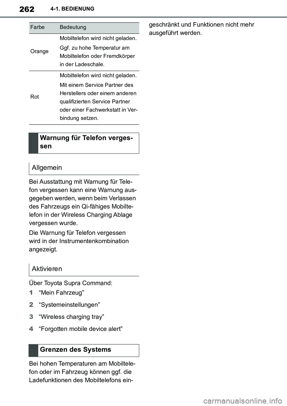 TOYOTA SUPRA 2020 Betriebsanleitungen (in German) 262
Supra Owners Manual_EM
4-1. BEDIENUNG
Bei Ausstattung mit Warnung für Tele-
fon vergessen kann eine Warnung aus-
gegeben werden, wenn beim Verlassen
des Fahrzeugs ein Qi-fähiges Mobilte-
lefon TOYOTA SUPRA 2020 Betriebsanleitungen (in German) 262
Supra Owners Manual_EM
4-1. BEDIENUNG
Bei Ausstattung mit Warnung für Tele-
fon vergessen kann eine Warnung aus-
gegeben werden, wenn beim Verlassen
des Fahrzeugs ein Qi-fähiges Mobilte-
lefon