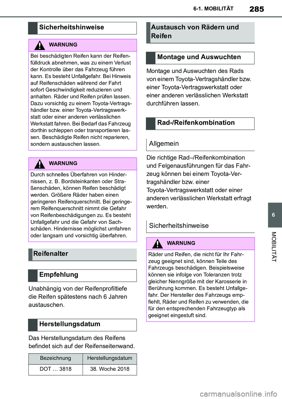 TOYOTA SUPRA 2020 Betriebsanleitungen (in German) 285
6
Supra Owners Manual_EM
6-1. MOBILITÄT
MOBILITÄT
Unabhängig von der Reifenprofiltiefe
die Reifen spätestens nach 6 Jahren
austauschen.
Das Herstellungsdatum des Reifens
befindet sich auf TOYOTA SUPRA 2020 Betriebsanleitungen (in German) 285
6
Supra Owners Manual_EM
6-1. MOBILITÄT
MOBILITÄT
Unabhängig von der Reifenprofiltiefe
die Reifen spätestens nach 6 Jahren
austauschen.
Das Herstellungsdatum des Reifens
befindet sich auf