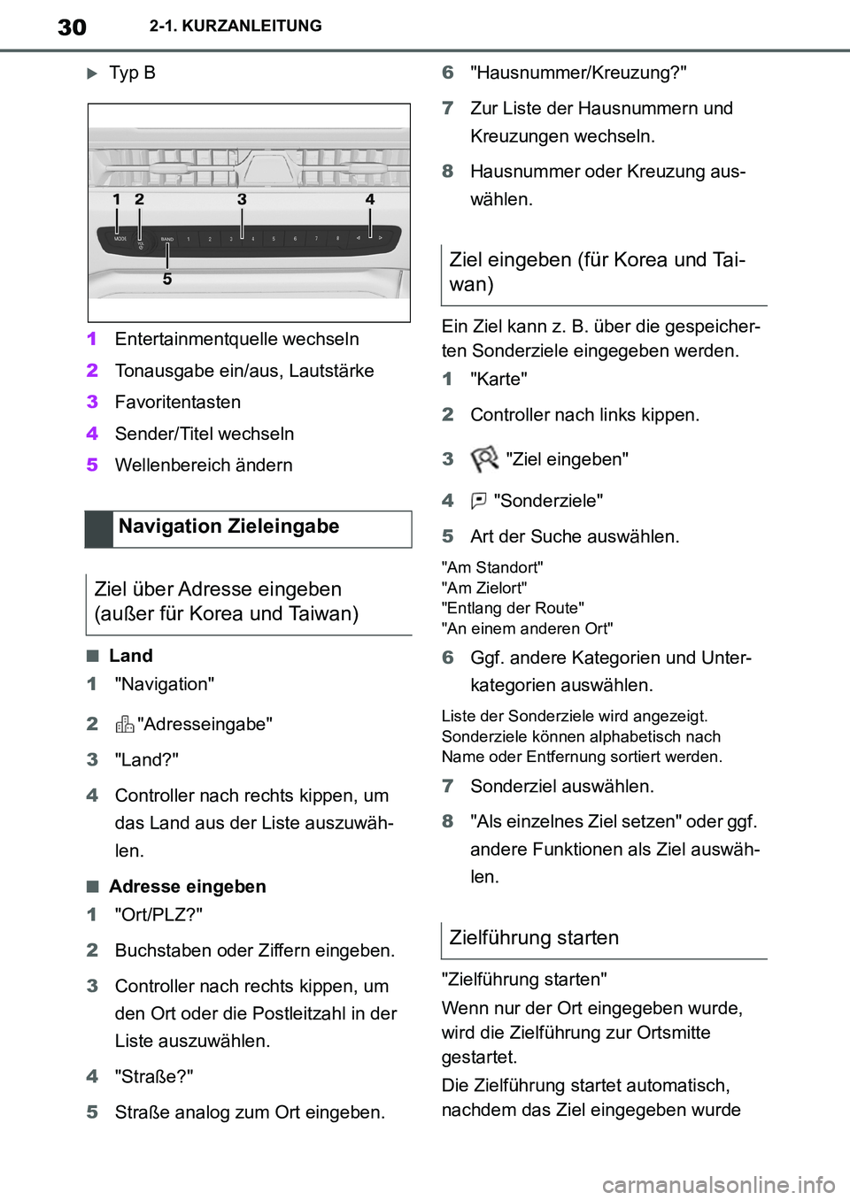 TOYOTA SUPRA 2020  Betriebsanleitungen (in German) 30
Supra Owners Manual_EM
2-1. KURZANLEITUNG
Ty p  B
1Entertainmentquelle wechseln
2Tonausgabe ein/aus, Lautstärke
3Favoritentasten
4Sender/Titel wechseln
5Wellenbereich ändern
■Land
1"Navigat