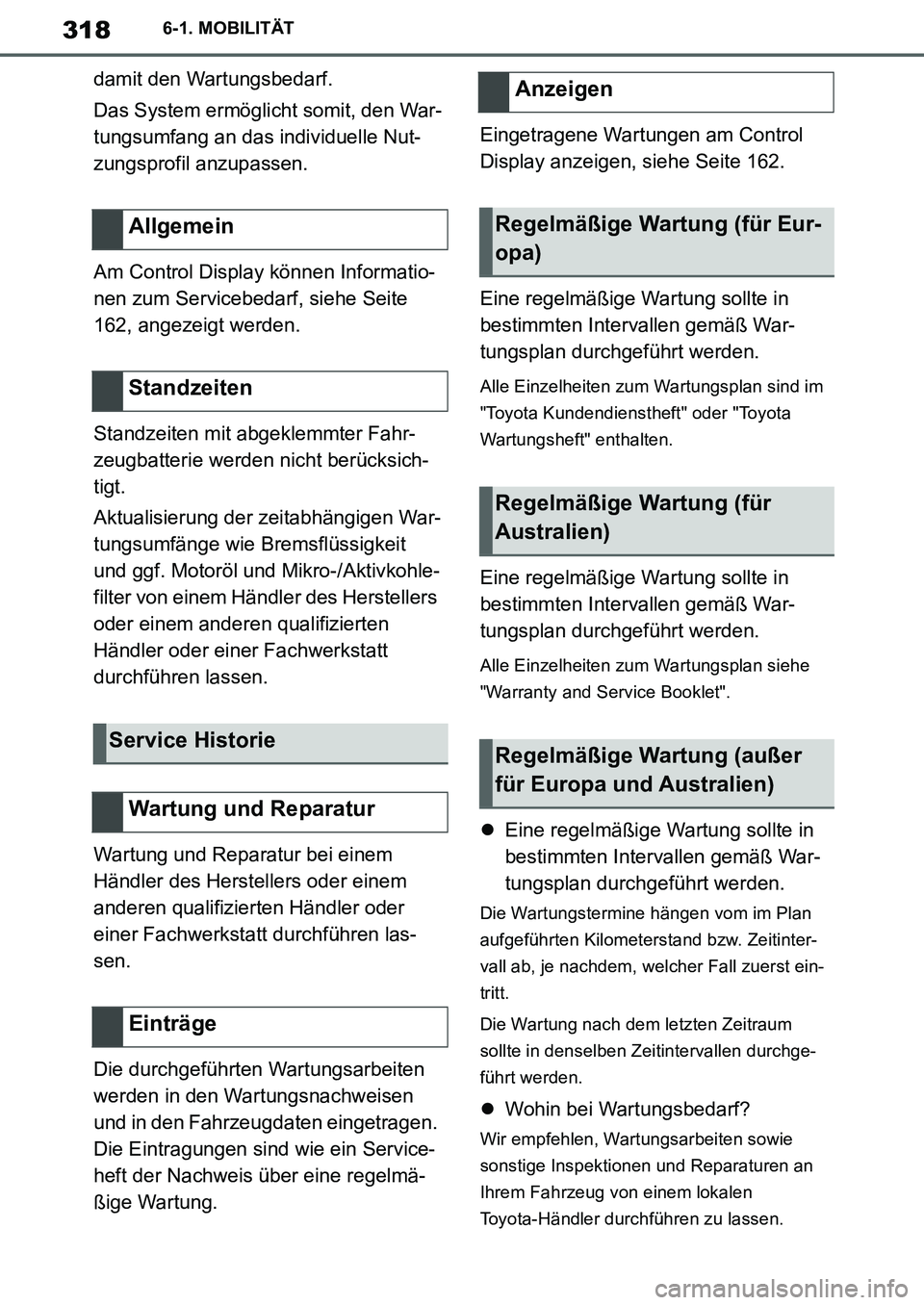 TOYOTA SUPRA 2020 Betriebsanleitungen (in German) 318
Supra Owners Manual_EM
6-1. MOBILITÄT
damit den Wartungsbedarf.
Das System ermöglicht somit, den War-
tungsumfang an das individuelle Nut-
zungsprofil anzupassen.
Am Control Display können Inf TOYOTA SUPRA 2020 Betriebsanleitungen (in German) 318
Supra Owners Manual_EM
6-1. MOBILITÄT
damit den Wartungsbedarf.
Das System ermöglicht somit, den War-
tungsumfang an das individuelle Nut-
zungsprofil anzupassen.
Am Control Display können Inf