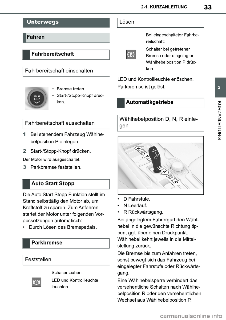 TOYOTA SUPRA 2020  Betriebsanleitungen (in German) 33
2
Supra Owners Manual_EM
2-1. KURZANLEITUNG
KURZANLEITUNG
1Bei stehendem Fahrzeug Wählhe-
belposition P einlegen.
2Start-/Stopp-Knopf drücken.
Der Motor wird ausgeschaltet.
3Parkbremse feststell