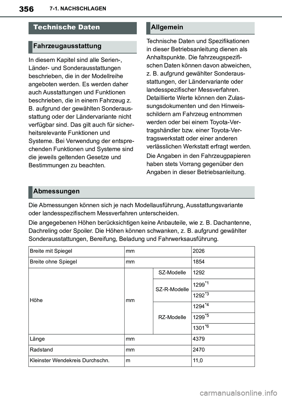 TOYOTA SUPRA 2020 Betriebsanleitungen (in German) 356
Supra Owners Manual_EM
7-1. NACHSCHLAGEN
7-1.NACHSCHLAGEN
In diesem Kapitel sind alle Serien-,
Länder- und Sonderausstattungen
beschrieben, die in der Modellreihe
angeboten werden. Es werden TOYOTA SUPRA 2020 Betriebsanleitungen (in German) 356
Supra Owners Manual_EM
7-1. NACHSCHLAGEN
7-1.NACHSCHLAGEN
In diesem Kapitel sind alle Serien-,
Länder- und Sonderausstattungen
beschrieben, die in der Modellreihe
angeboten werden. Es werden