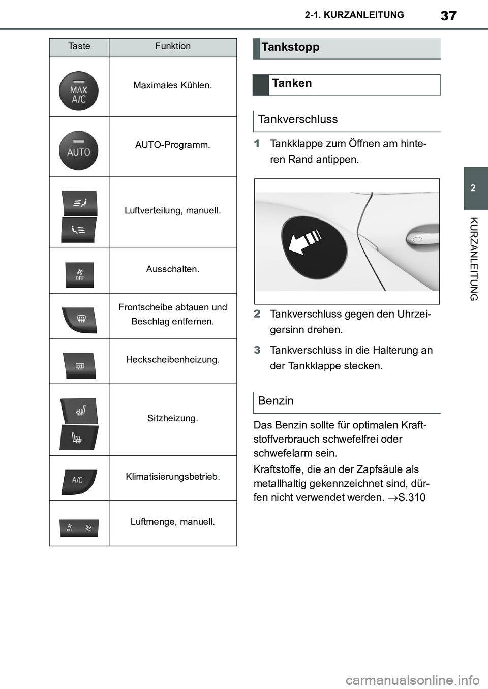 TOYOTA SUPRA 2020 Betriebsanleitungen (in German) 37
2
Supra Owners Manual_EM
2-1. KURZANLEITUNG
KURZANLEITUNG
1Tankklappe zum Öffnen am hinte-
ren Rand antippen.
2Tankverschluss gegen den Uhrzei-
gersinn drehen.
3Tankverschluss in die Halterung an TOYOTA SUPRA 2020 Betriebsanleitungen (in German) 37
2
Supra Owners Manual_EM
2-1. KURZANLEITUNG
KURZANLEITUNG
1Tankklappe zum Öffnen am hinte-
ren Rand antippen.
2Tankverschluss gegen den Uhrzei-
gersinn drehen.
3Tankverschluss in die Halterung an