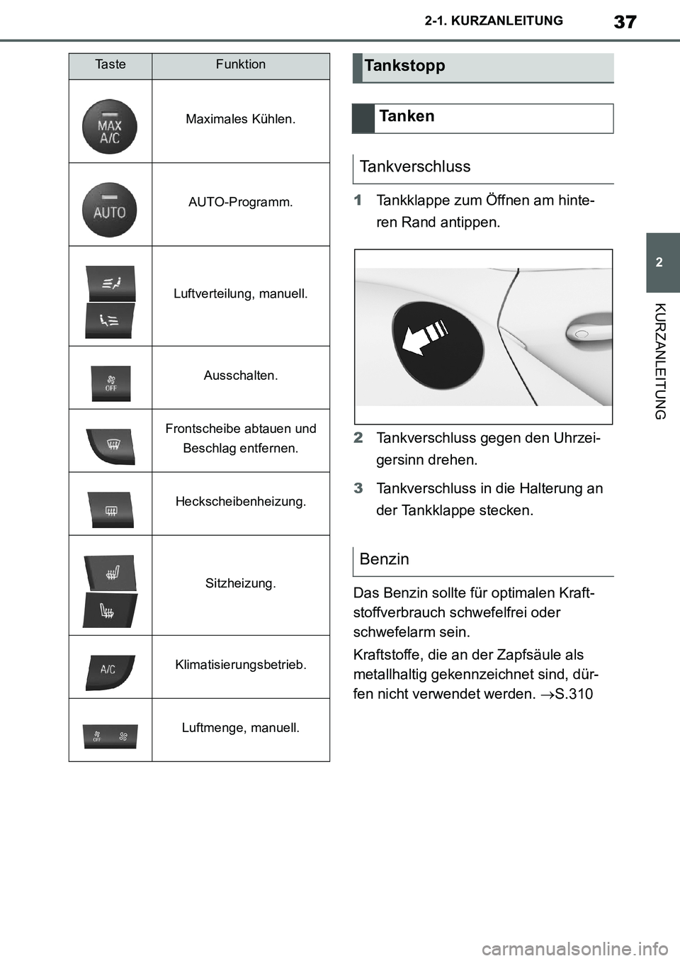 TOYOTA SUPRA 2020  Betriebsanleitungen (in German) 37
2
Supra Owners Manual_EM
2-1. KURZANLEITUNG
KURZANLEITUNG
1Tankklappe zum Öffnen am hinte-
ren Rand antippen.
2Tankverschluss gegen den Uhrzei-
gersinn drehen.
3Tankverschluss in die Halterung an