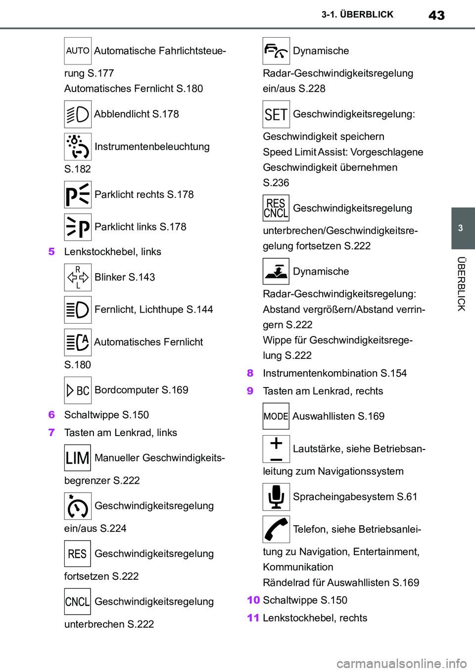 TOYOTA SUPRA 2020  Betriebsanleitungen (in German) 43
3
Supra Owners Manual_EM
3-1. ÜBERBLICK
ÜBERBLICK
 Automatische Fahrlichtsteue-
rung S.177
Automatisches Fernlicht S.180
 Abblendlicht S.178
 Instrumentenbeleuchtung 
S.182
 Parklicht rechts S.1