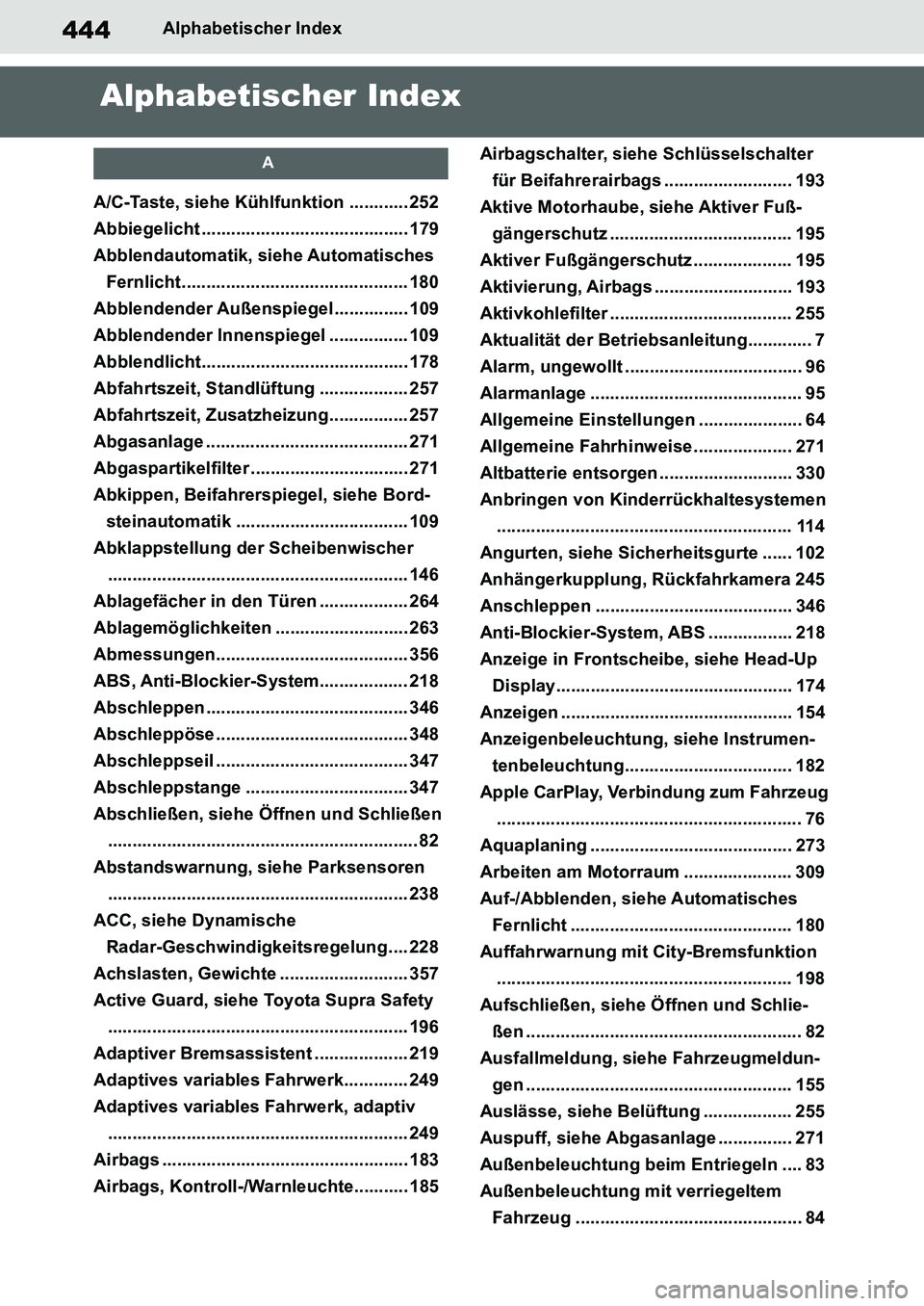 TOYOTA SUPRA 2020 Betriebsanleitungen (in German) 444
Supra Owners Manual_EM
Alphabetischer Index
Alphabetischer Index
A
A/C-Taste, siehe Kühlfunktion ............ 252
Abbiegelicht .......................................... 179
Abblendautomatik, si TOYOTA SUPRA 2020 Betriebsanleitungen (in German) 444
Supra Owners Manual_EM
Alphabetischer Index
Alphabetischer Index
A
A/C-Taste, siehe Kühlfunktion ............ 252
Abbiegelicht .......................................... 179
Abblendautomatik, si