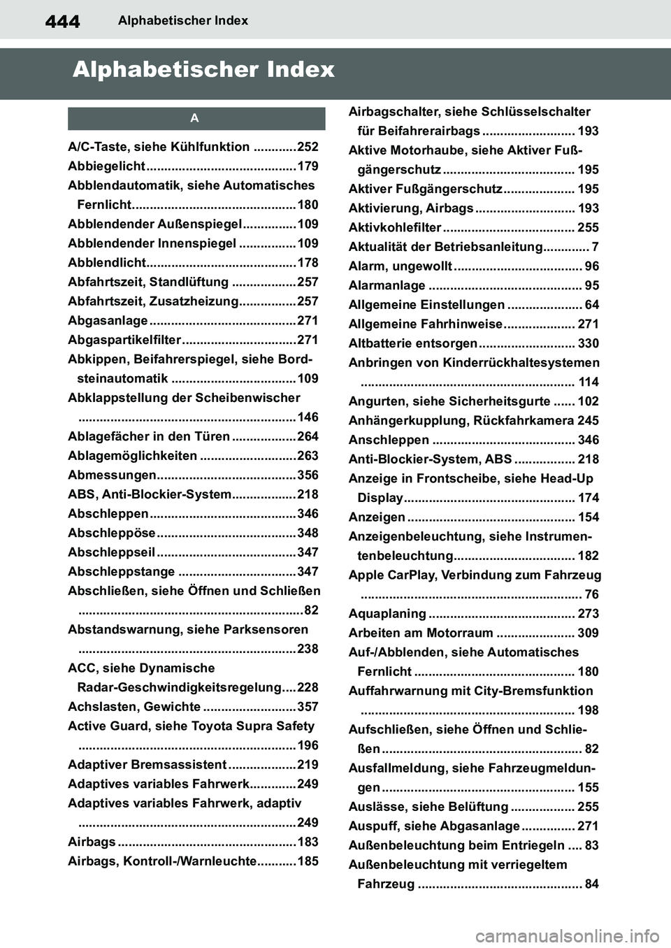 TOYOTA SUPRA 2020  Betriebsanleitungen (in German) 444
Supra Owners Manual_EM
Alphabetischer Index
Alphabetischer Index
A
A/C-Taste, siehe Kühlfunktion ............ 252
Abbiegelicht .......................................... 179
Abblendautomatik, si