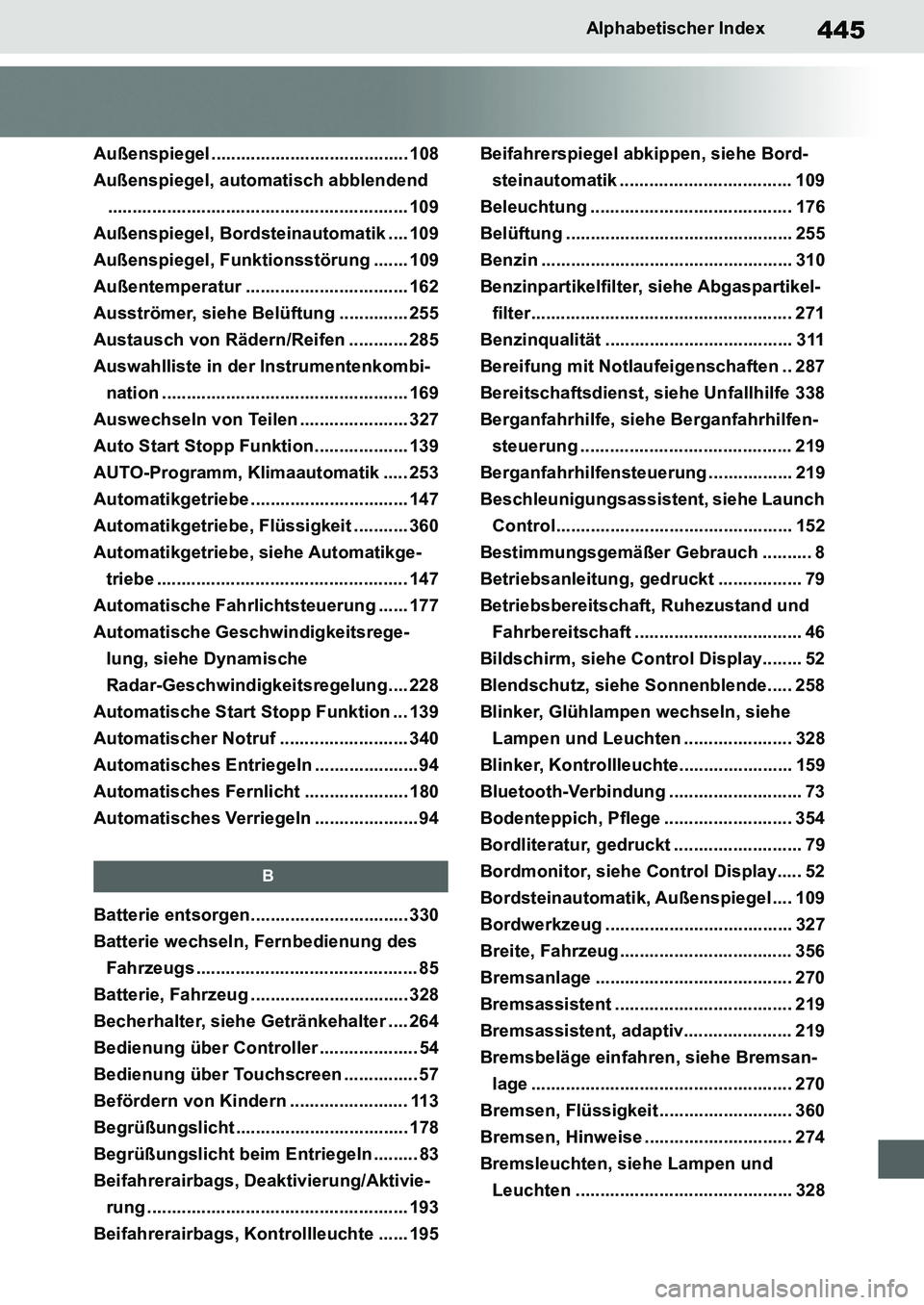 TOYOTA SUPRA 2020 Betriebsanleitungen (in German) 445
Supra Owners Manual_EM
Alphabetischer Index
Außenspiegel ........................................ 108
Außenspiegel, automatisch abblendend
...................................................... TOYOTA SUPRA 2020 Betriebsanleitungen (in German) 445
Supra Owners Manual_EM
Alphabetischer Index
Außenspiegel ........................................ 108
Außenspiegel, automatisch abblendend
......................................................