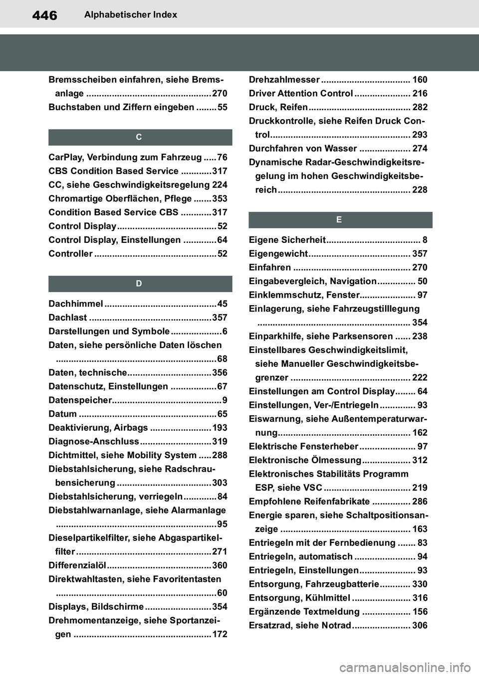 TOYOTA SUPRA 2020  Betriebsanleitungen (in German) 446
Supra Owners Manual_EM
Alphabetischer Index
Bremsscheiben einfahren, siehe Brems-
anlage ................................................. 270
Buchstaben und Ziffern eingeben ........ 55
C
CarPla