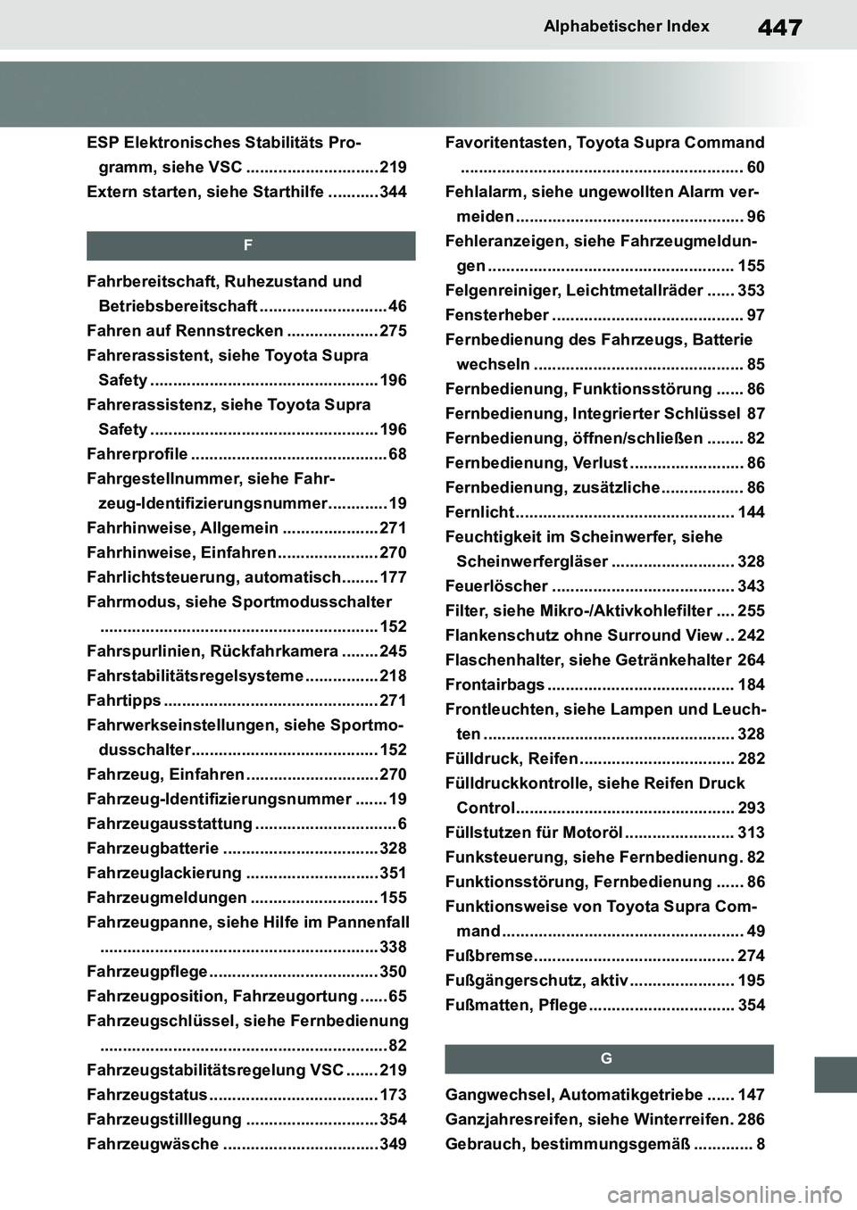 TOYOTA SUPRA 2020 Betriebsanleitungen (in German) 447
Supra Owners Manual_EM
Alphabetischer Index
ESP Elektronisches Stabilitäts Pro-
gramm, siehe VSC ............................. 219
Extern starten, siehe Starthilfe ........... 344
F
Fahrbereitsc TOYOTA SUPRA 2020 Betriebsanleitungen (in German) 447
Supra Owners Manual_EM
Alphabetischer Index
ESP Elektronisches Stabilitäts Pro-
gramm, siehe VSC ............................. 219
Extern starten, siehe Starthilfe ........... 344
F
Fahrbereitsc