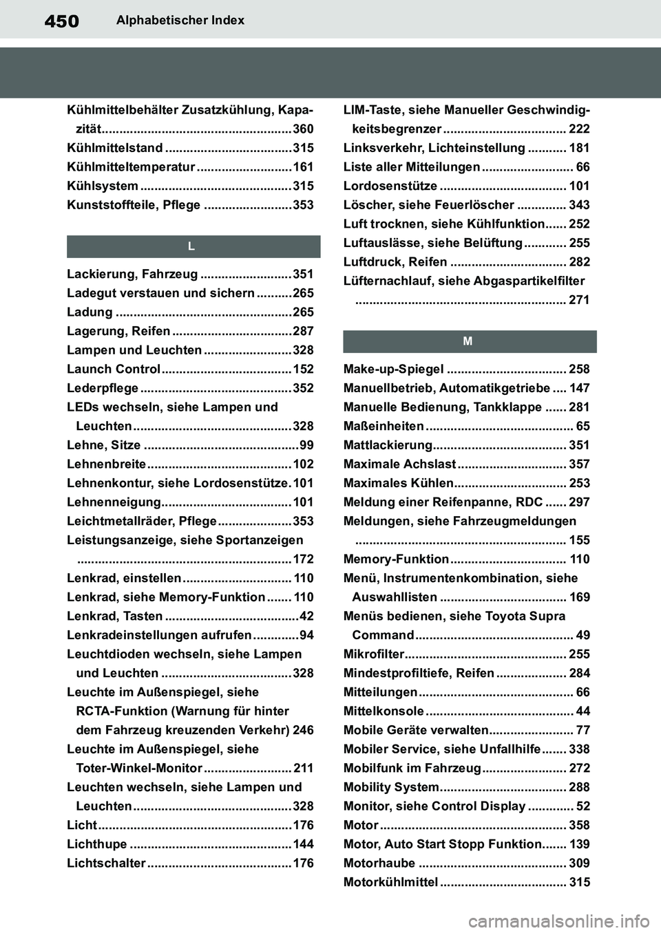 TOYOTA SUPRA 2020 Betriebsanleitungen (in German) 450
Supra Owners Manual_EM
Alphabetischer Index
Kühlmittelbehälter Zusatzkühlung, Kapa-
zität...................................................... 360
Kühlmittelstand .......................... TOYOTA SUPRA 2020 Betriebsanleitungen (in German) 450
Supra Owners Manual_EM
Alphabetischer Index
Kühlmittelbehälter Zusatzkühlung, Kapa-
zität...................................................... 360
Kühlmittelstand ..........................