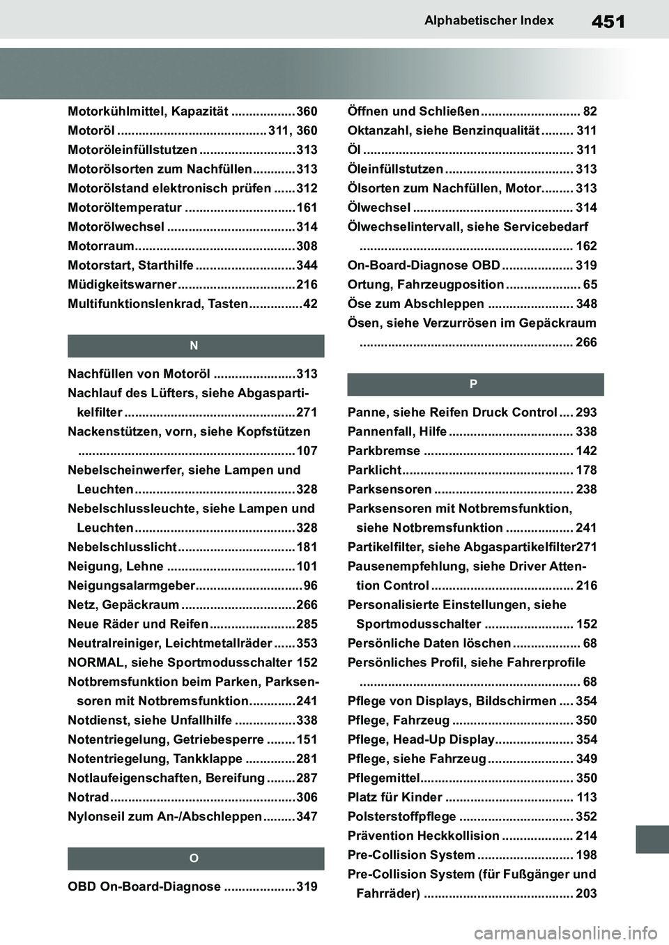 TOYOTA SUPRA 2020  Betriebsanleitungen (in German) 451
Supra Owners Manual_EM
Alphabetischer Index
Motorkühlmittel, Kapazität .................. 360
Motoröl .......................................... 311, 360
Motoröleinfüllstutzen ..............