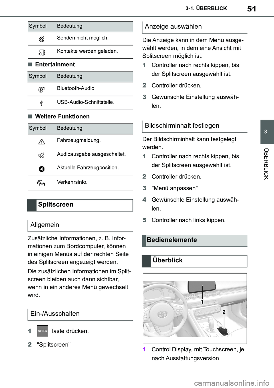 TOYOTA SUPRA 2020 Betriebsanleitungen (in German) 51
3
Supra Owners Manual_EM
3-1. ÜBERBLICK
ÜBERBLICK
■Entertainment
■Weitere Funktionen
Zusätzliche Informationen, z. B. Infor-
mationen zum Bordcomputer, können
in einigen Menüs auf der re TOYOTA SUPRA 2020 Betriebsanleitungen (in German) 51
3
Supra Owners Manual_EM
3-1. ÜBERBLICK
ÜBERBLICK
■Entertainment
■Weitere Funktionen
Zusätzliche Informationen, z. B. Infor-
mationen zum Bordcomputer, können
in einigen Menüs auf der re