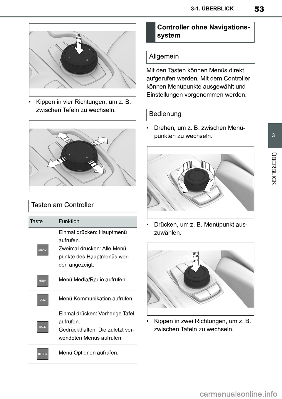 TOYOTA SUPRA 2020 Betriebsanleitungen (in German) 53
3
Supra Owners Manual_EM
3-1. ÜBERBLICK
ÜBERBLICK
• Kippen in vier Richtungen, um z. B.
zwischen Tafeln zu wechseln.Mit den Tasten können Menüs direkt
aufgerufen werden. Mit dem Controller TOYOTA SUPRA 2020 Betriebsanleitungen (in German) 53
3
Supra Owners Manual_EM
3-1. ÜBERBLICK
ÜBERBLICK
• Kippen in vier Richtungen, um z. B.
zwischen Tafeln zu wechseln.Mit den Tasten können Menüs direkt
aufgerufen werden. Mit dem Controller