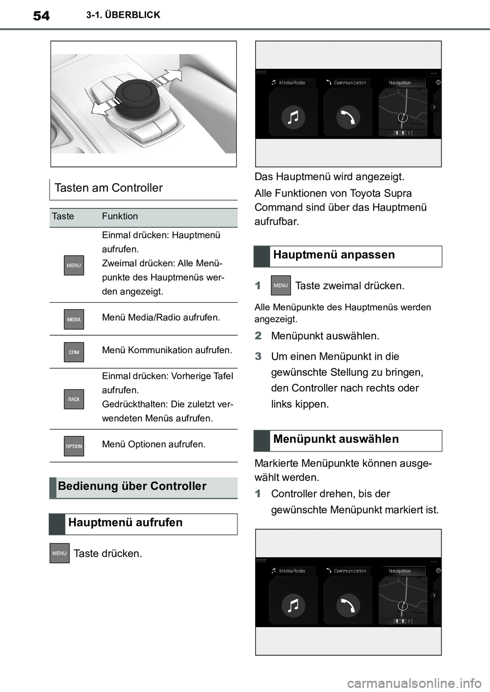 TOYOTA SUPRA 2020 Betriebsanleitungen (in German) 54
Supra Owners Manual_EM
3-1. ÜBERBLICK
Taste drücken.Das Hauptmenü wird angezeigt.
Alle Funktionen von Toyota Supra
Command sind über das Hauptmenü
aufrufbar.
1 Taste zweimal drücken.
Alle TOYOTA SUPRA 2020 Betriebsanleitungen (in German) 54
Supra Owners Manual_EM
3-1. ÜBERBLICK
Taste drücken.Das Hauptmenü wird angezeigt.
Alle Funktionen von Toyota Supra
Command sind über das Hauptmenü
aufrufbar.
1 Taste zweimal drücken.
Alle