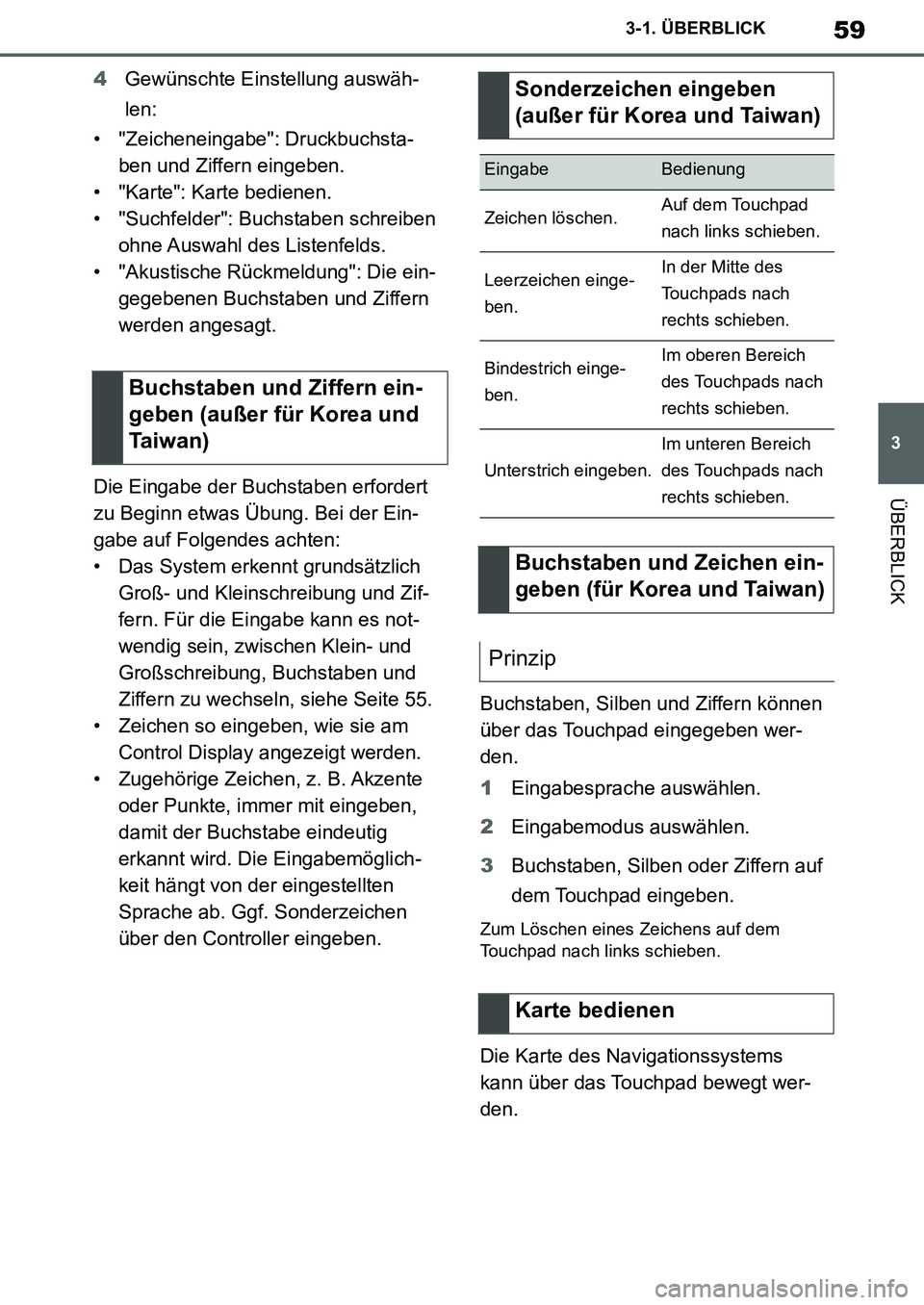 TOYOTA SUPRA 2020 Betriebsanleitungen (in German) 59
3
Supra Owners Manual_EM
3-1. ÜBERBLICK
ÜBERBLICK
4Gewünschte Einstellung auswäh-
len:
• "Zeicheneingabe": Druckbuchsta-
ben und Ziffern eingeben.
• "Karte": Karte bedienen.
• "Suchfelde TOYOTA SUPRA 2020 Betriebsanleitungen (in German) 59
3
Supra Owners Manual_EM
3-1. ÜBERBLICK
ÜBERBLICK
4Gewünschte Einstellung auswäh-
len:
• "Zeicheneingabe": Druckbuchsta-
ben und Ziffern eingeben.
• "Karte": Karte bedienen.
• "Suchfelde