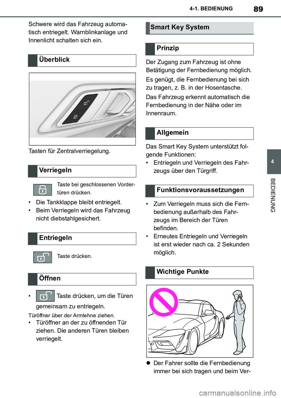 TOYOTA SUPRA 2020 Betriebsanleitungen (in German) 89
4
Supra Owners Manual_EM
4-1. BEDIENUNG
BEDIENUNG
Schwere wird das Fahrzeug automa-
tisch entriegelt. Warnblinkanlage und
Innenlicht schalten sich ein.
Tasten für Zentralverriegelung.
• Die Ta TOYOTA SUPRA 2020 Betriebsanleitungen (in German) 89
4
Supra Owners Manual_EM
4-1. BEDIENUNG
BEDIENUNG
Schwere wird das Fahrzeug automa-
tisch entriegelt. Warnblinkanlage und
Innenlicht schalten sich ein.
Tasten für Zentralverriegelung.
• Die Ta