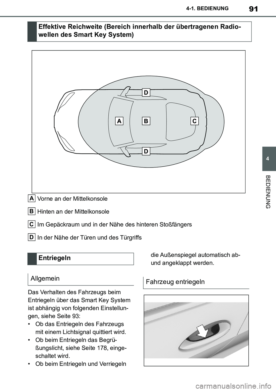TOYOTA SUPRA 2020 Betriebsanleitungen (in German) 91
4
Supra Owners Manual_EM
4-1. BEDIENUNG
BEDIENUNG
Vorne an der Mittelkonsole
Hinten an der Mittelkonsole
Im Gepäckraum und in der Nähe des hinteren Stoßfängers
In der Nähe der Türen und des TOYOTA SUPRA 2020 Betriebsanleitungen (in German) 91
4
Supra Owners Manual_EM
4-1. BEDIENUNG
BEDIENUNG
Vorne an der Mittelkonsole
Hinten an der Mittelkonsole
Im Gepäckraum und in der Nähe des hinteren Stoßfängers
In der Nähe der Türen und des