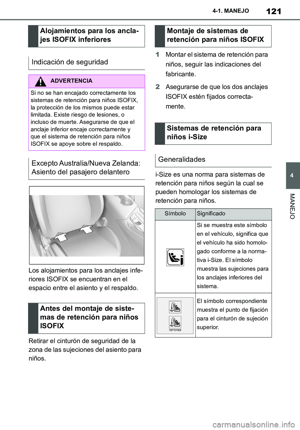 TOYOTA SUPRA 2020 Manuale de Empleo (in Spanish) 121
4
Supra Owners Manual_ES
4-1. MANEJO
MANEJO
Los alojamientos para los anclajes infe-
riores ISOFIX se encuentran en el
espacio entre el asiento y el respaldo.
Retirar el cinturón de seguridad d TOYOTA SUPRA 2020 Manuale de Empleo (in Spanish) 121
4
Supra Owners Manual_ES
4-1. MANEJO
MANEJO
Los alojamientos para los anclajes infe-
riores ISOFIX se encuentran en el
espacio entre el asiento y el respaldo.
Retirar el cinturón de seguridad d