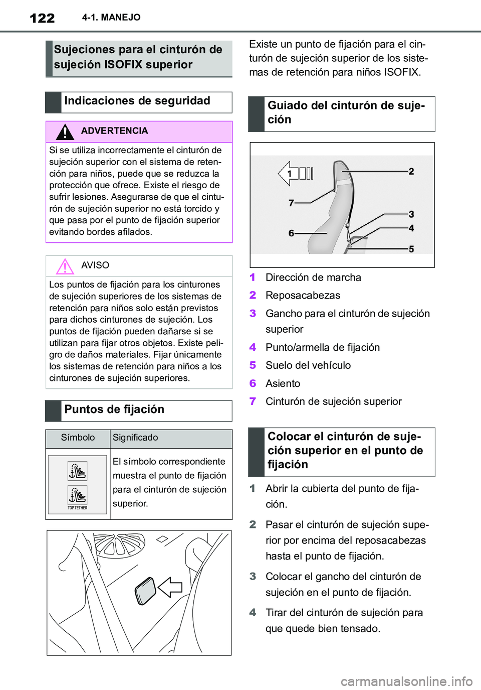 TOYOTA SUPRA 2020 Manuale de Empleo (in Spanish) 122
Supra Owners Manual_ES
4-1. MANEJO
Existe un punto de fijación para el cin-
turón de sujeción superior de los siste-
mas de retención para niños ISOFIX.
1Dirección de marcha
2Reposacabezas
TOYOTA SUPRA 2020 Manuale de Empleo (in Spanish) 122
Supra Owners Manual_ES
4-1. MANEJO
Existe un punto de fijación para el cin-
turón de sujeción superior de los siste-
mas de retención para niños ISOFIX.
1Dirección de marcha
2Reposacabezas