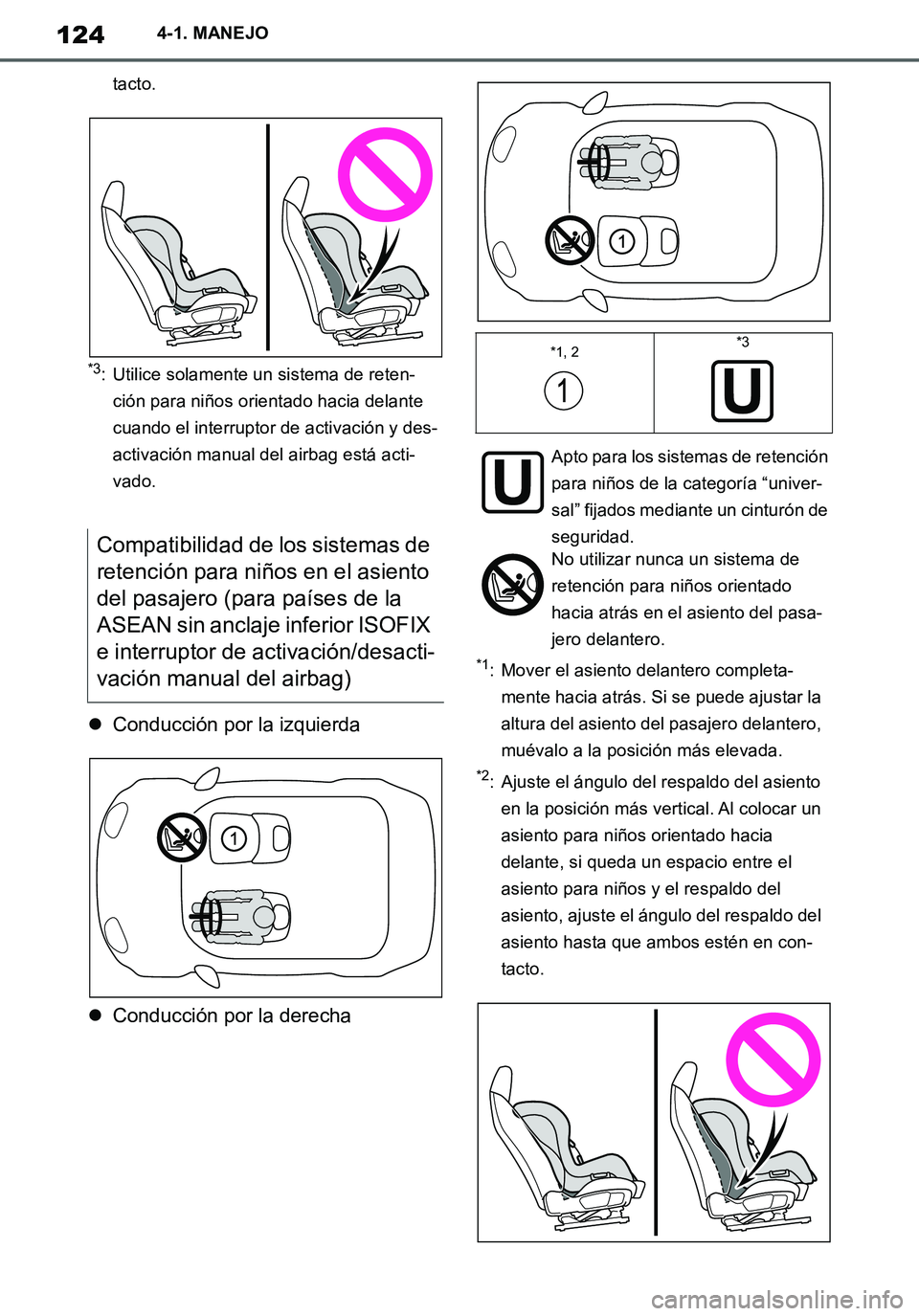 TOYOTA SUPRA 2020 Manuale de Empleo (in Spanish) 124
Supra Owners Manual_ES
4-1. MANEJO
tacto.
*3: Utilice solamente un sistema de reten-
ción para niños orientado hacia delante
cuando el interruptor de activación y des-
activación manual del TOYOTA SUPRA 2020 Manuale de Empleo (in Spanish) 124
Supra Owners Manual_ES
4-1. MANEJO
tacto.
*3: Utilice solamente un sistema de reten-
ción para niños orientado hacia delante
cuando el interruptor de activación y des-
activación manual del