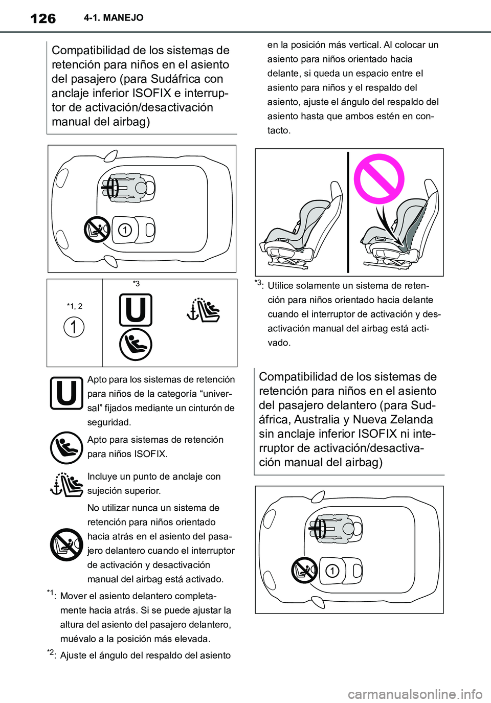 TOYOTA SUPRA 2020 Manuale de Empleo (in Spanish) 126
Supra Owners Manual_ES
4-1. MANEJO
*1: Mover el asiento delantero completa-
mente hacia atrás. Si se puede ajustar la
altura del asiento del pasajero delantero,
muévalo a la posición más el TOYOTA SUPRA 2020 Manuale de Empleo (in Spanish) 126
Supra Owners Manual_ES
4-1. MANEJO
*1: Mover el asiento delantero completa-
mente hacia atrás. Si se puede ajustar la
altura del asiento del pasajero delantero,
muévalo a la posición más el